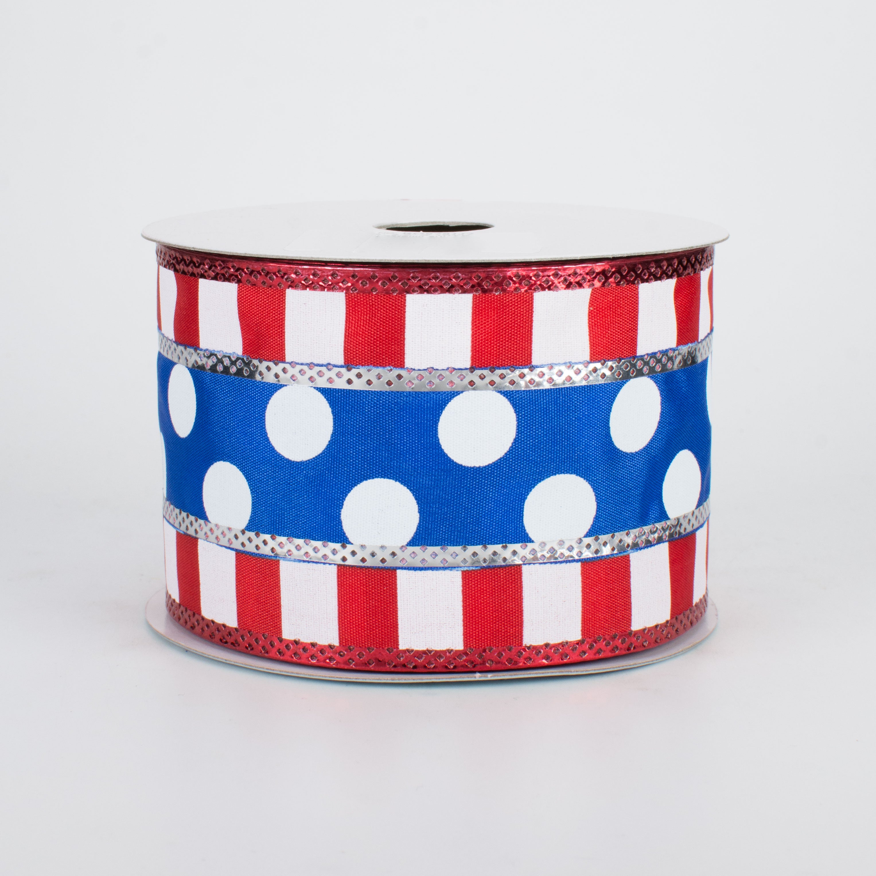 2.5" Striped Edge Polka Dot Ribbon: Red, White, Blue (10 Yards)