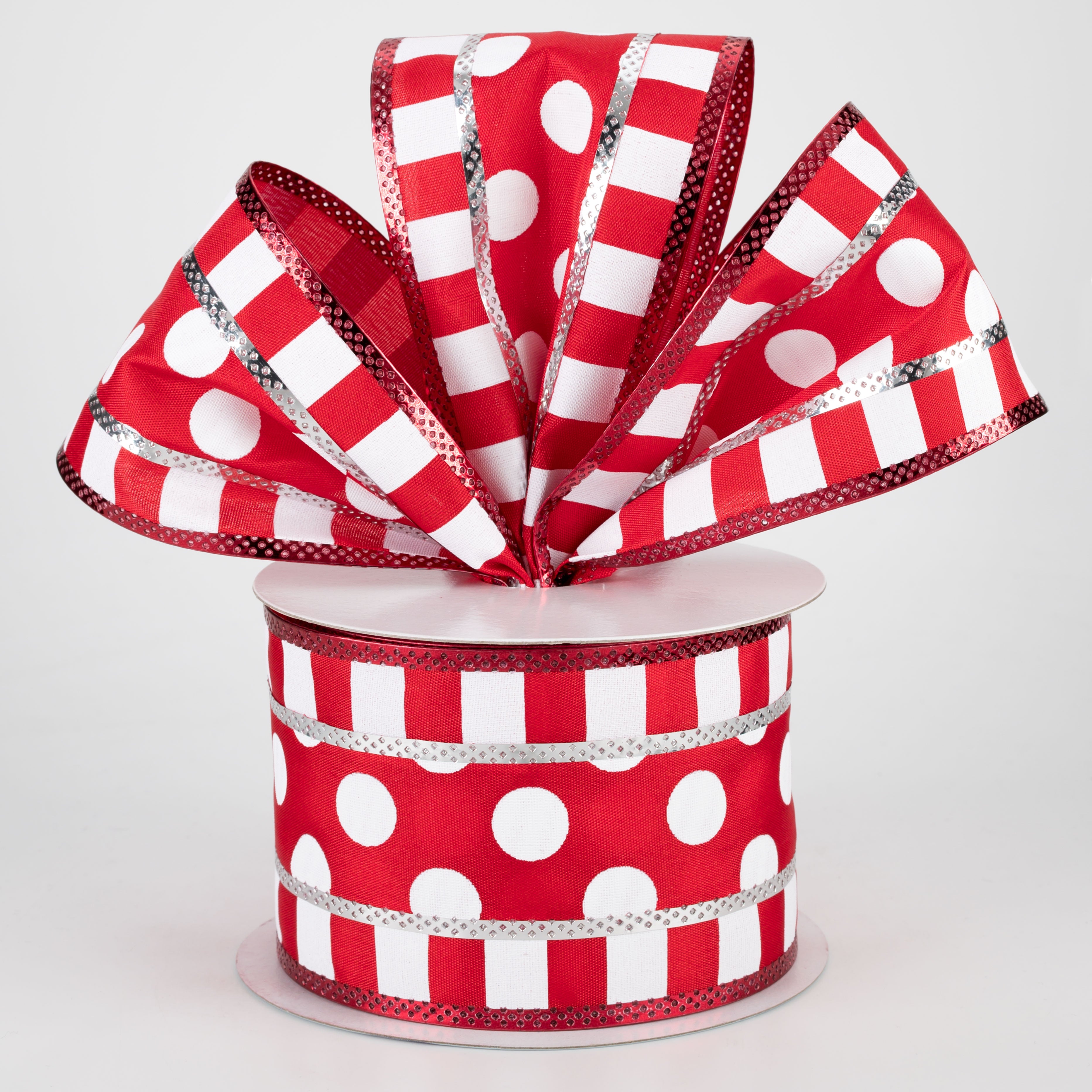 2.5" Striped Edge Polka Dot Ribbon: Red, White, Silver (10 Yards) Lifestyle Photo