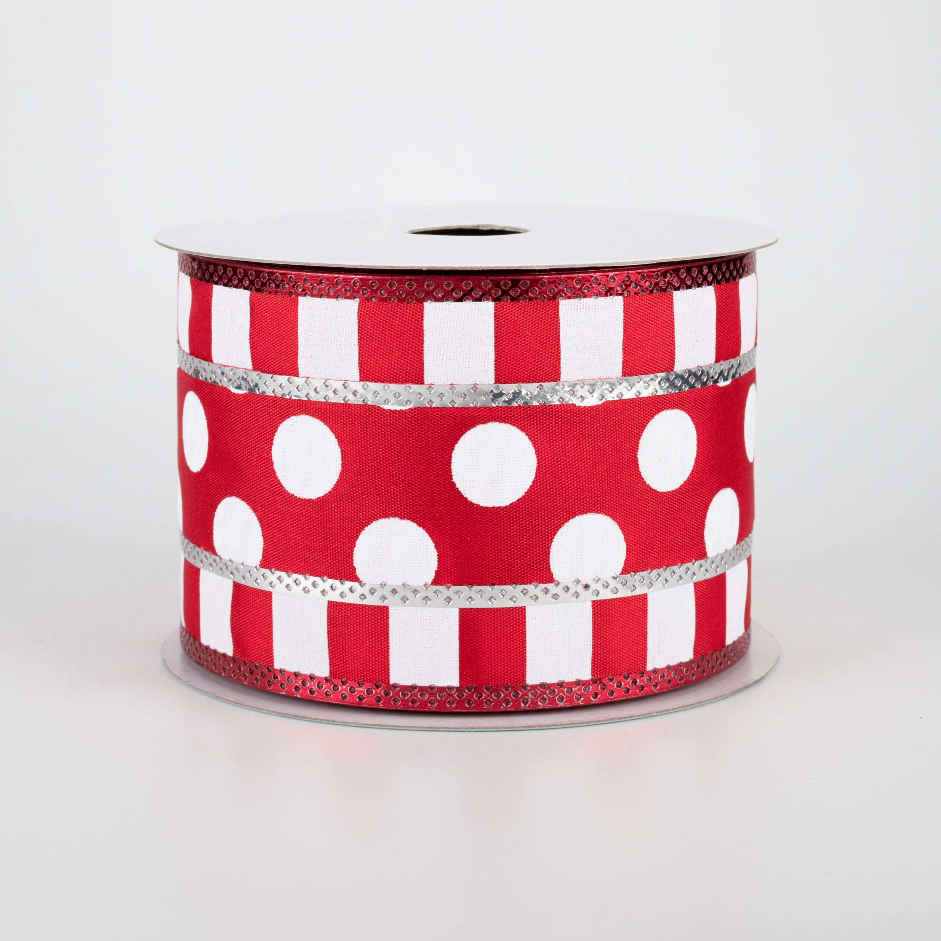 2.5" Striped Edge Polka Dot Ribbon: Red, White, Silver (10 Yards)