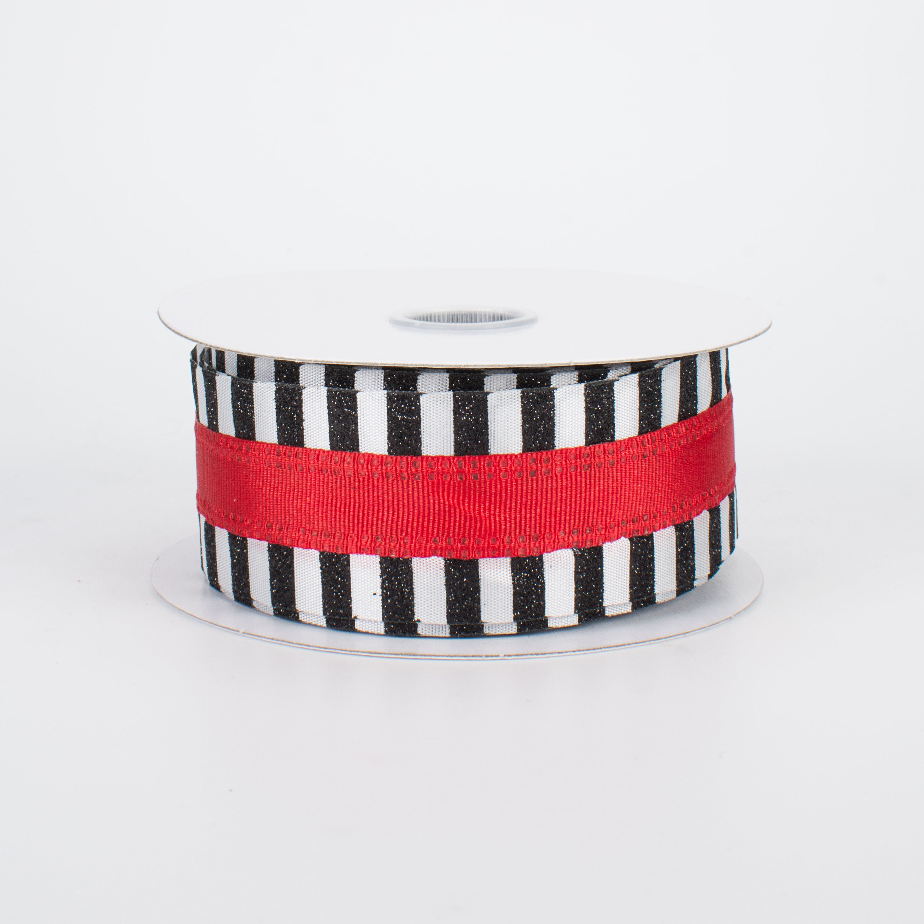 1.5" Striped Edge Ribbon: Black, Red & White (10 Yards)