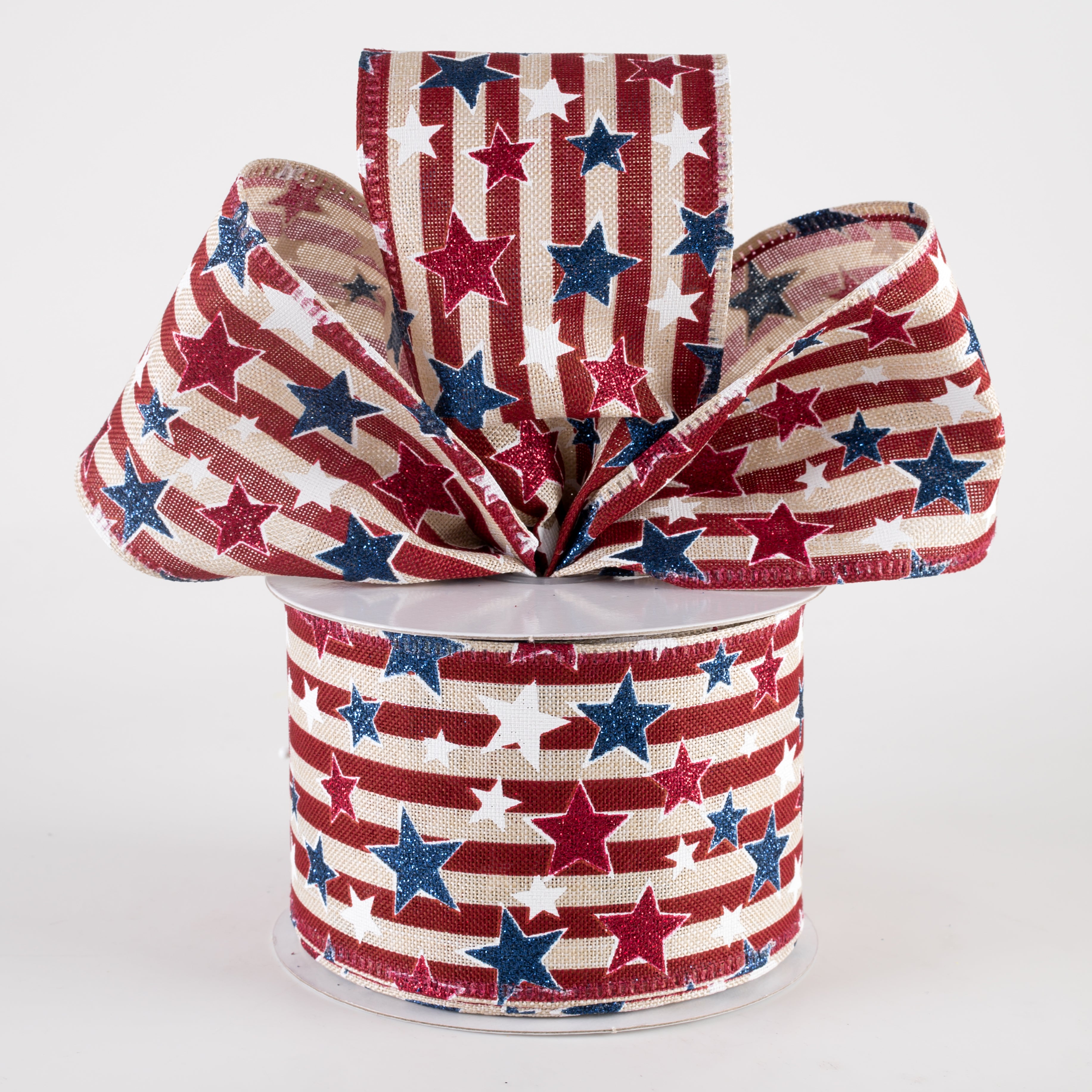 2.5" Stripes & Glitter Patriotic Stars Ribbon: Burgundy on Natural (10 Yards) Lifestyle Photo