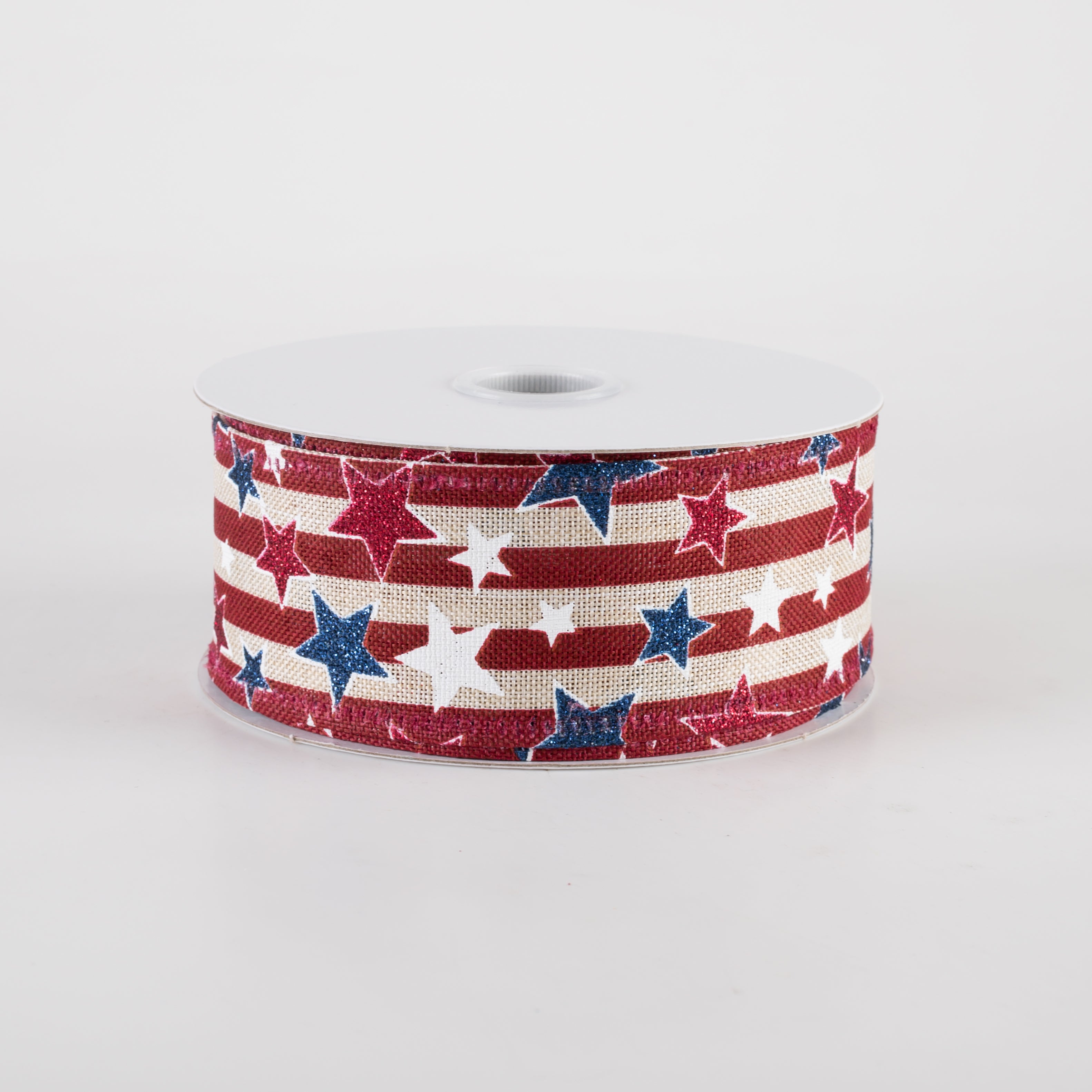 1.5" Stripes & Glitter Patriotic Stars Ribbon: Burgundy on Natural (10 Yards)