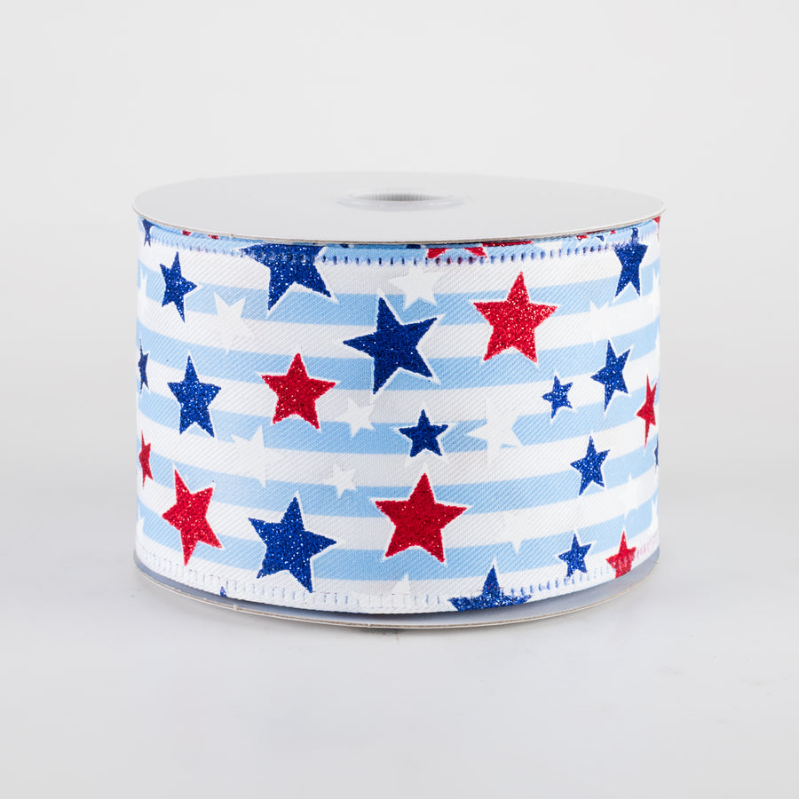 2.5" Stripes & Glitter Patriotic Stars Ribbon: Light Blue (10 Yards)
