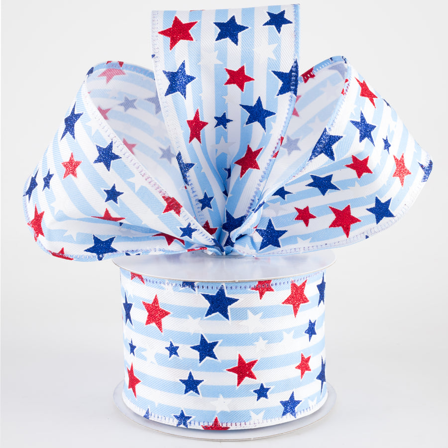 2.5" Stripes & Glitter Patriotic Stars Ribbon: Light Blue (10 Yards) Lifestyle Photo