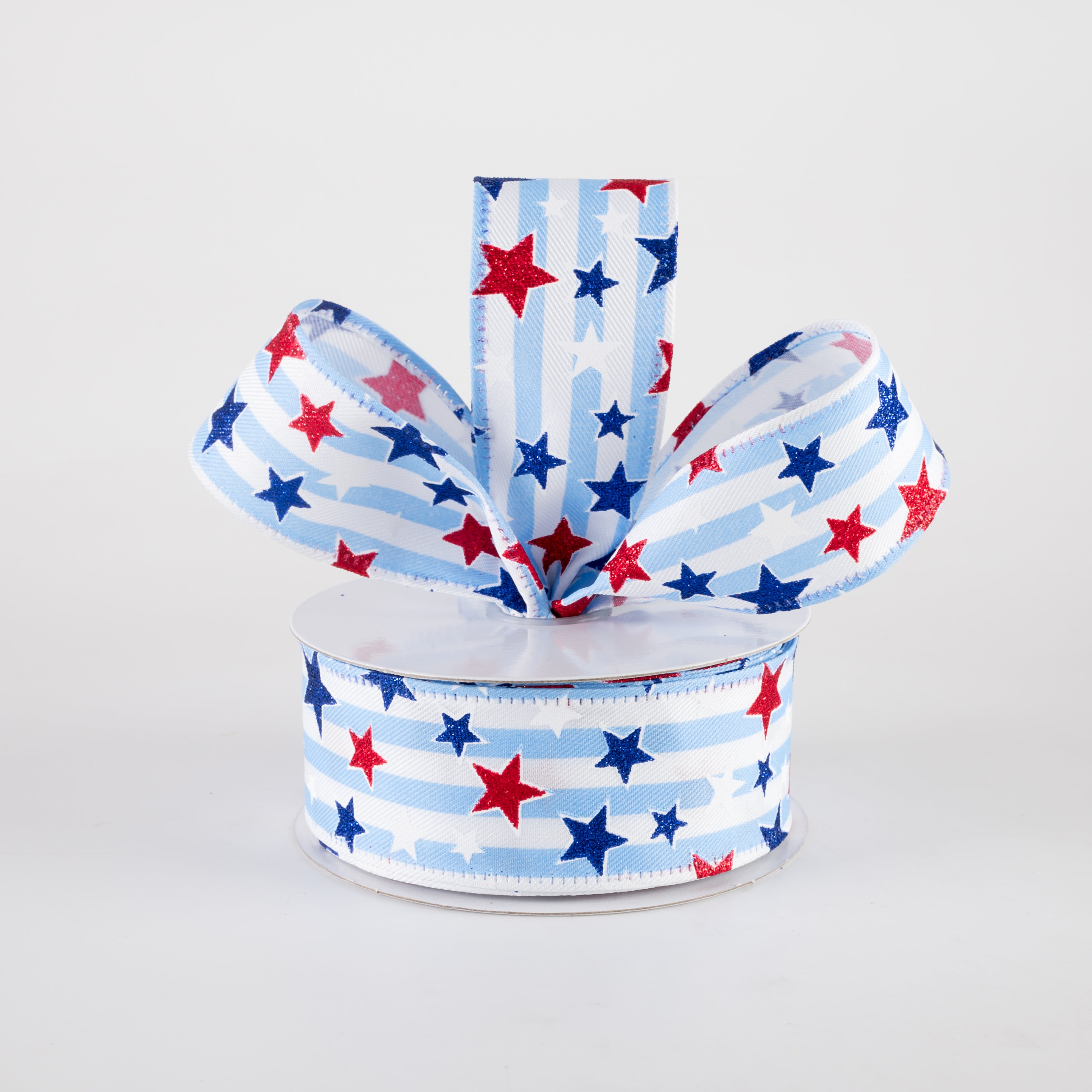 1.5" Stripes & Glitter Patriotic Stars Ribbon: Light Blue (10 Yards) Lifestyle Photo