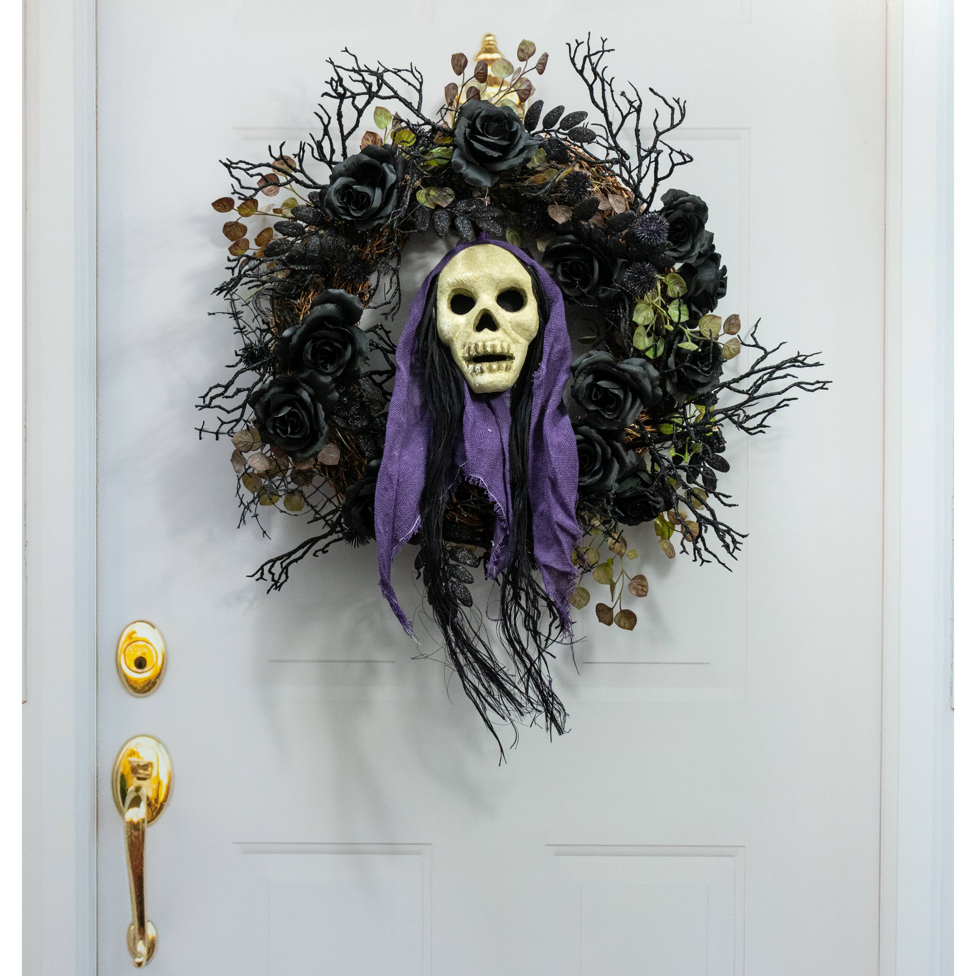20" x 6" Styrofoam & Burlap Witch Skull: Black & Purple Lifestyle Photo