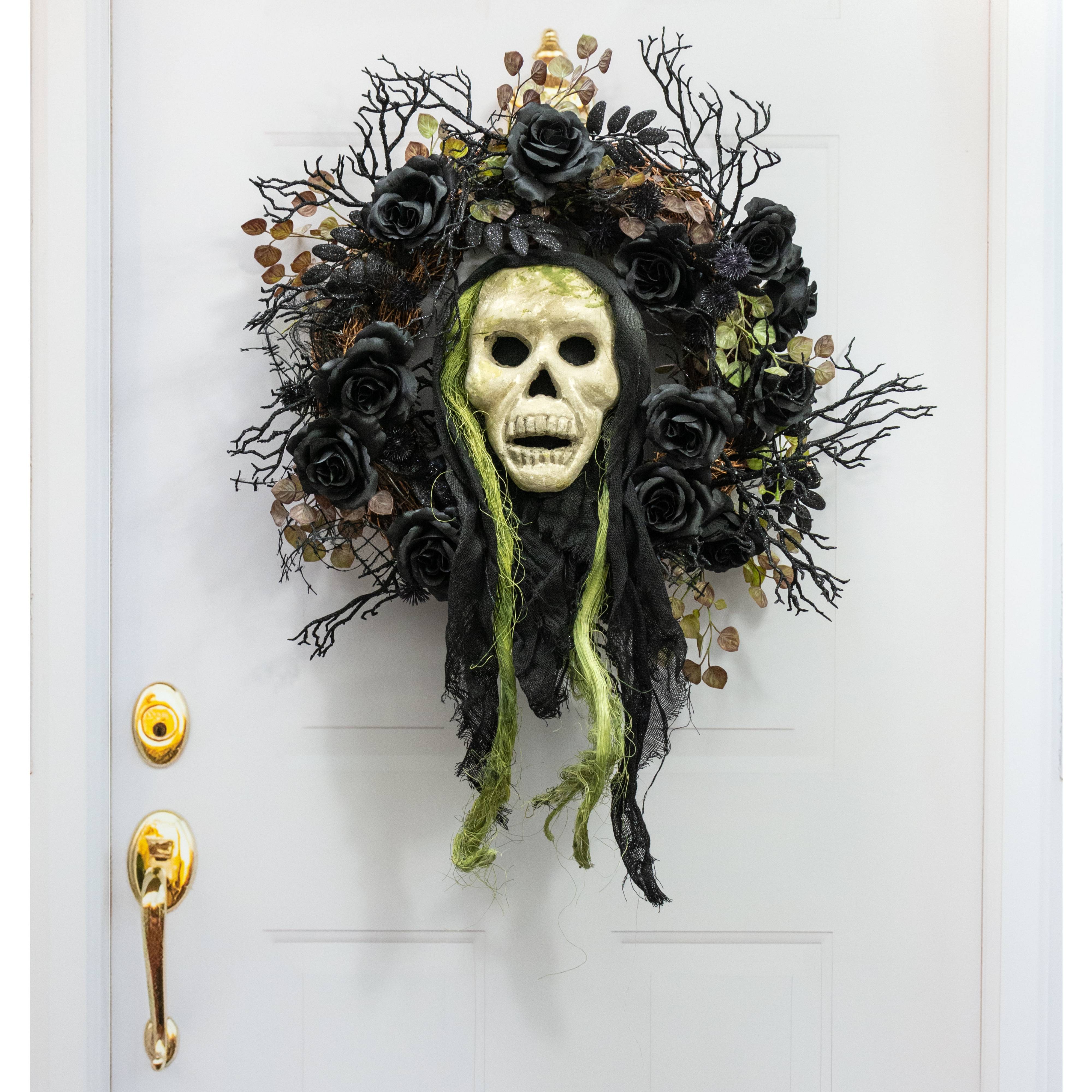 24" x 8" Styrofoam & Burlap Witch Skull: Green & Black Lifestyle Photo