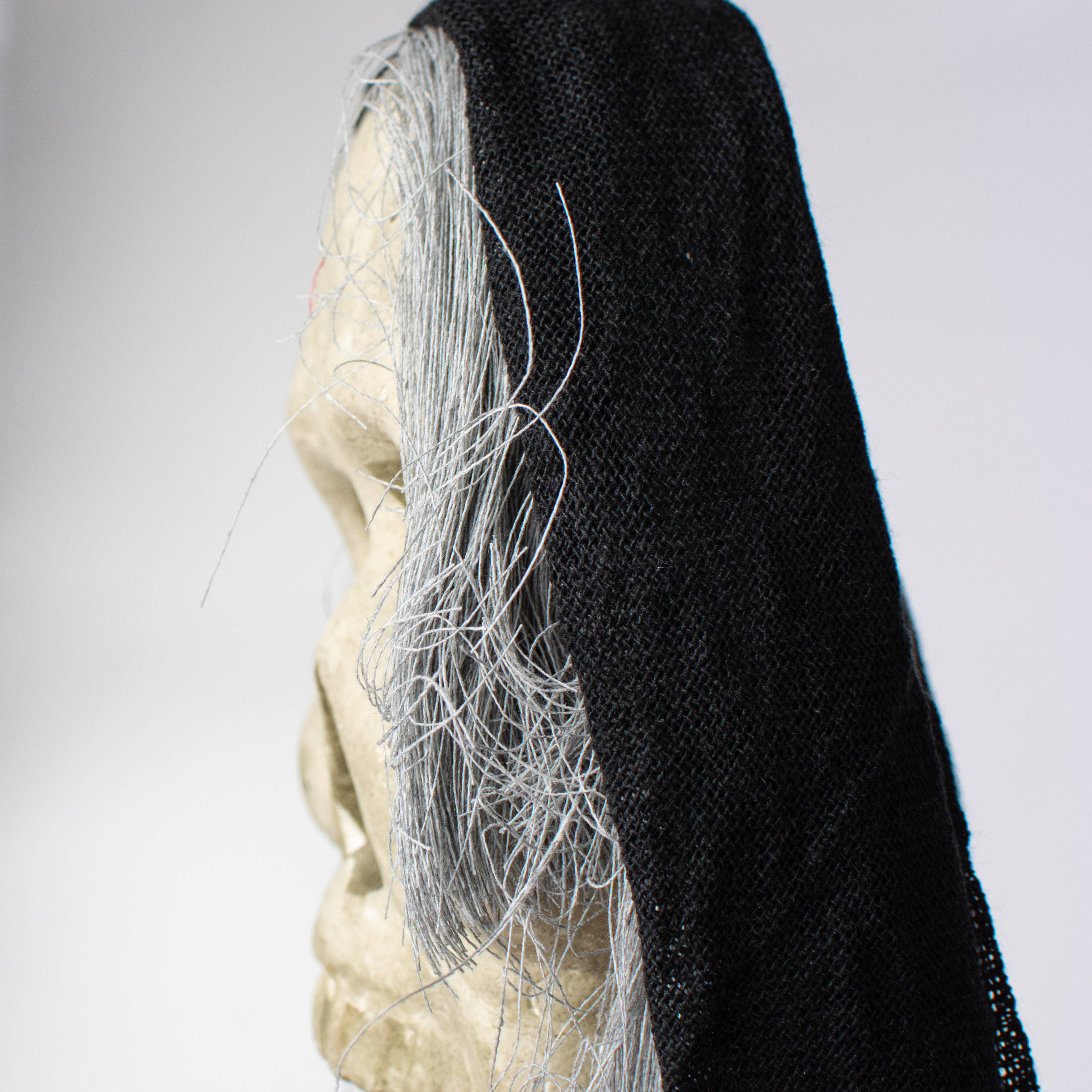 20" x 6" Styrofoam & Burlap Witch Skull: Grey & Black detail photo 3