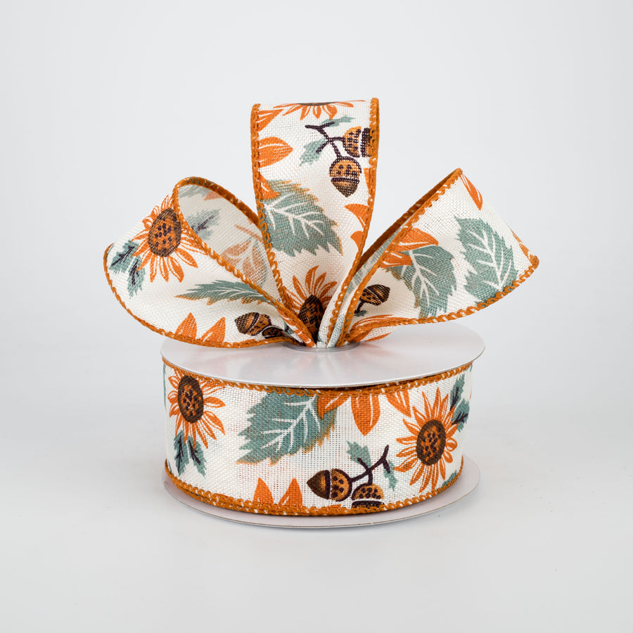 1.5" Sunflower & Acorn Ribbon: Ivory, Blue, Rust (10 Yards) Lifestyle Photo