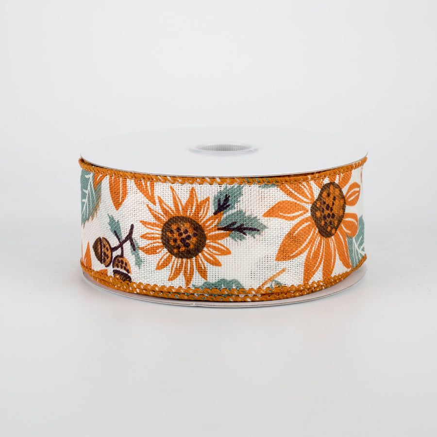 1.5" Sunflower & Acorn Ribbon: Ivory, Blue, Rust (10 Yards)