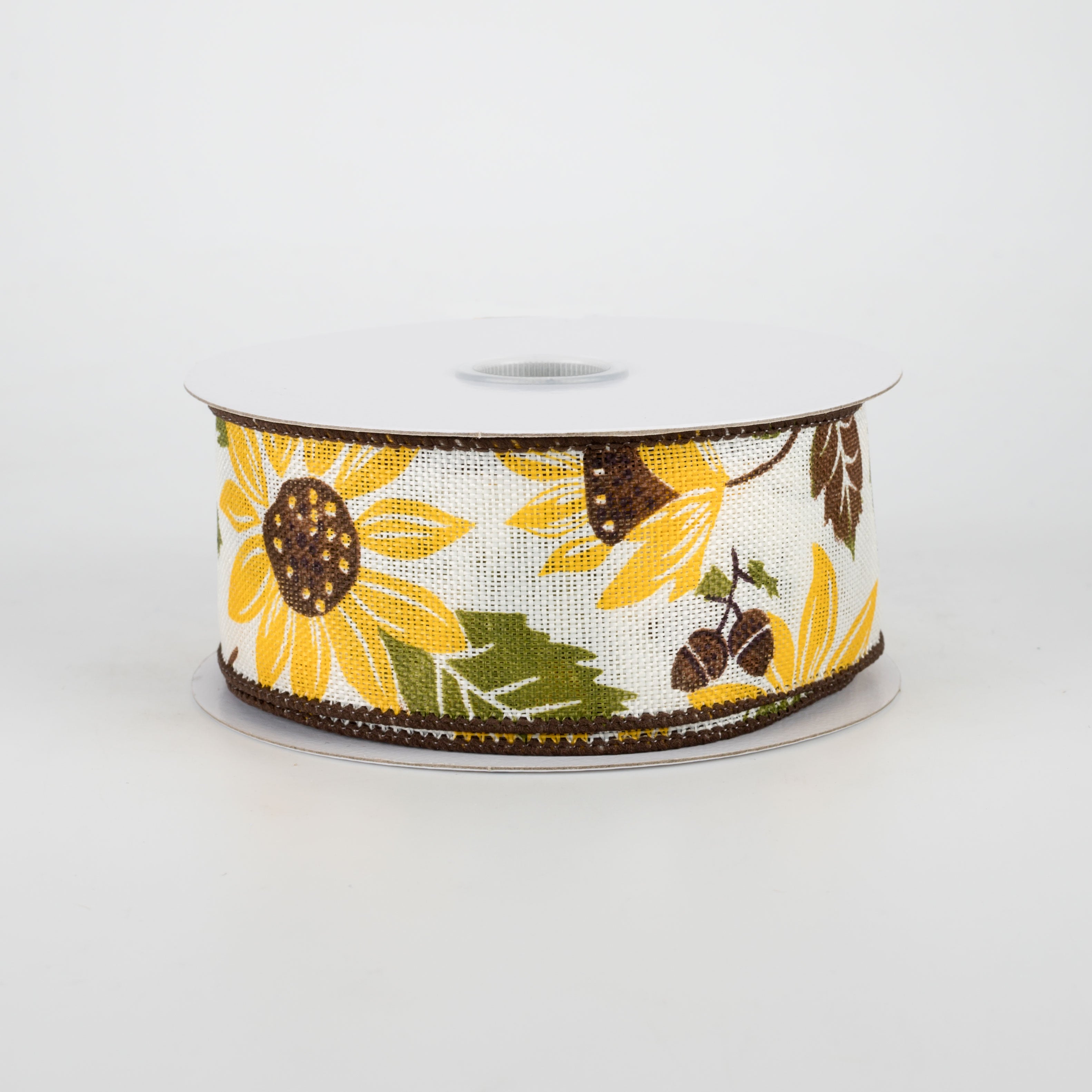 1.5" Sunflower & Acorn Ribbon: Ivory, Brown, Yellow (10 Yards)