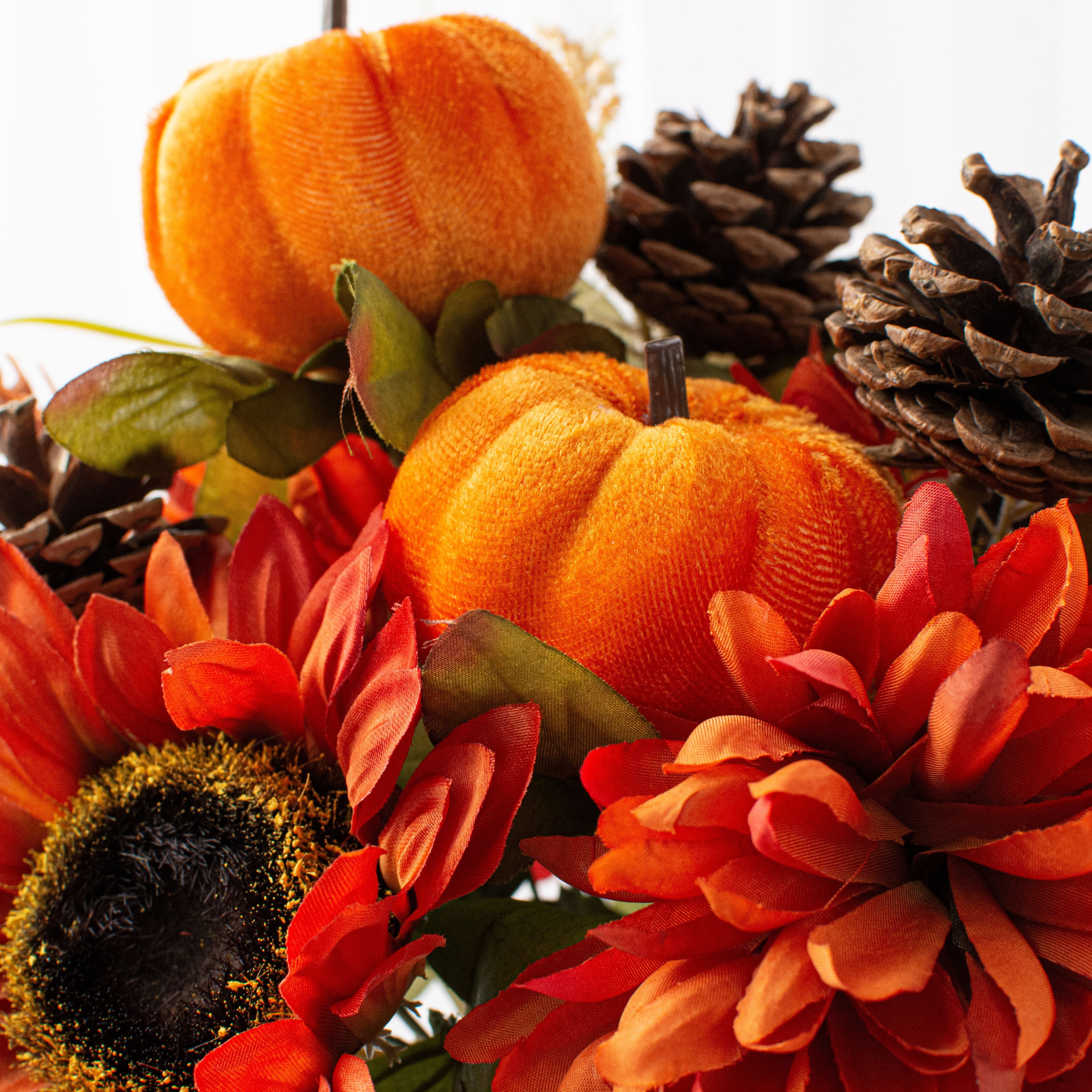 18" Sunflower Ball Mum Pumpkin Pine Bush: Orange Lifestyle Photo