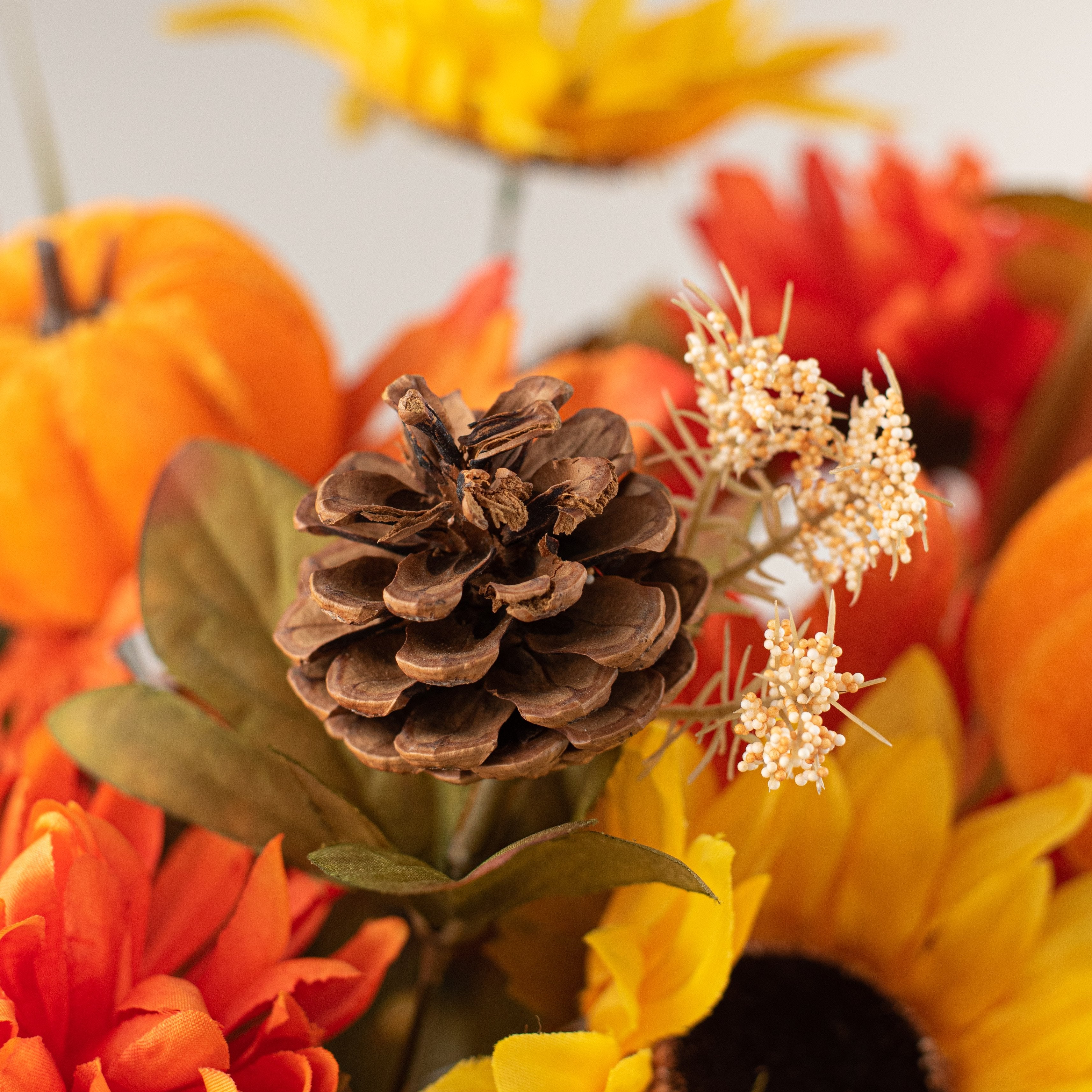 23" Sunflower Ball Mum Pumpkin Pine Bush: Orange-Yellow detail photo 4