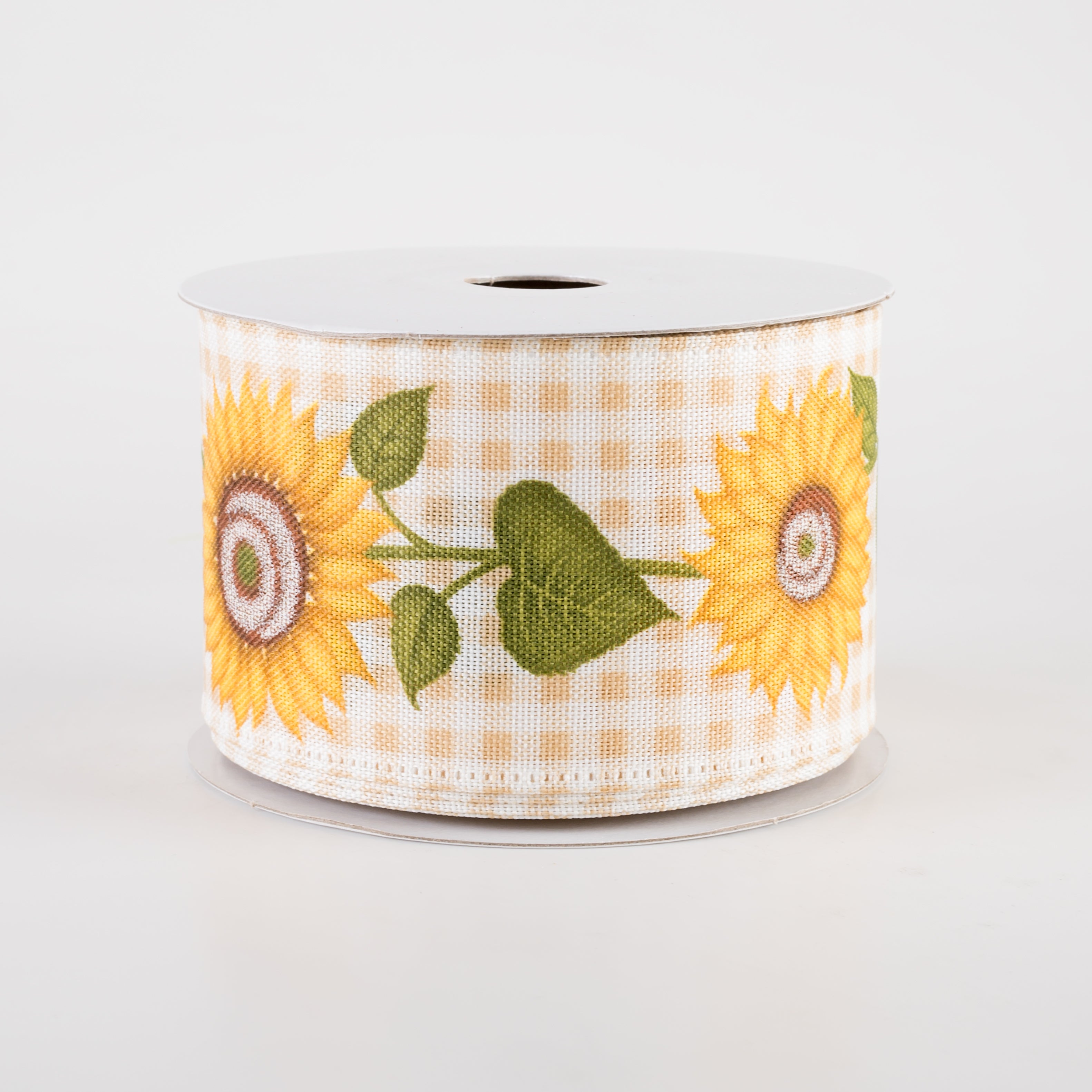 2.5" Sunflower Cascade Gingham Ribbon: Natural & White (10 Yards) Item Number: 46416-40-15