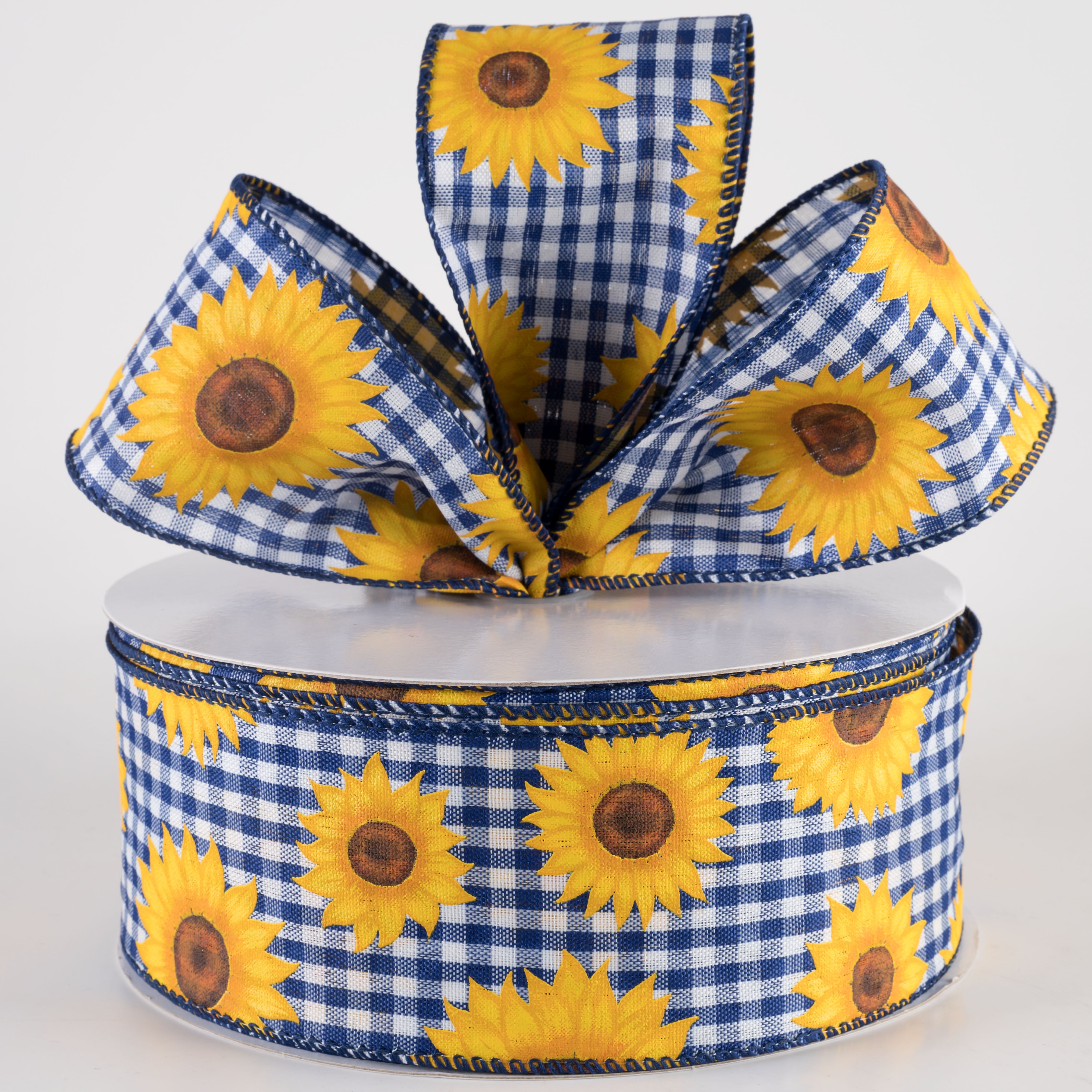 2.5" Sunflowers on Gingham Ribbon: Royal Blue & White (50 Yards) Lifestyle Photo