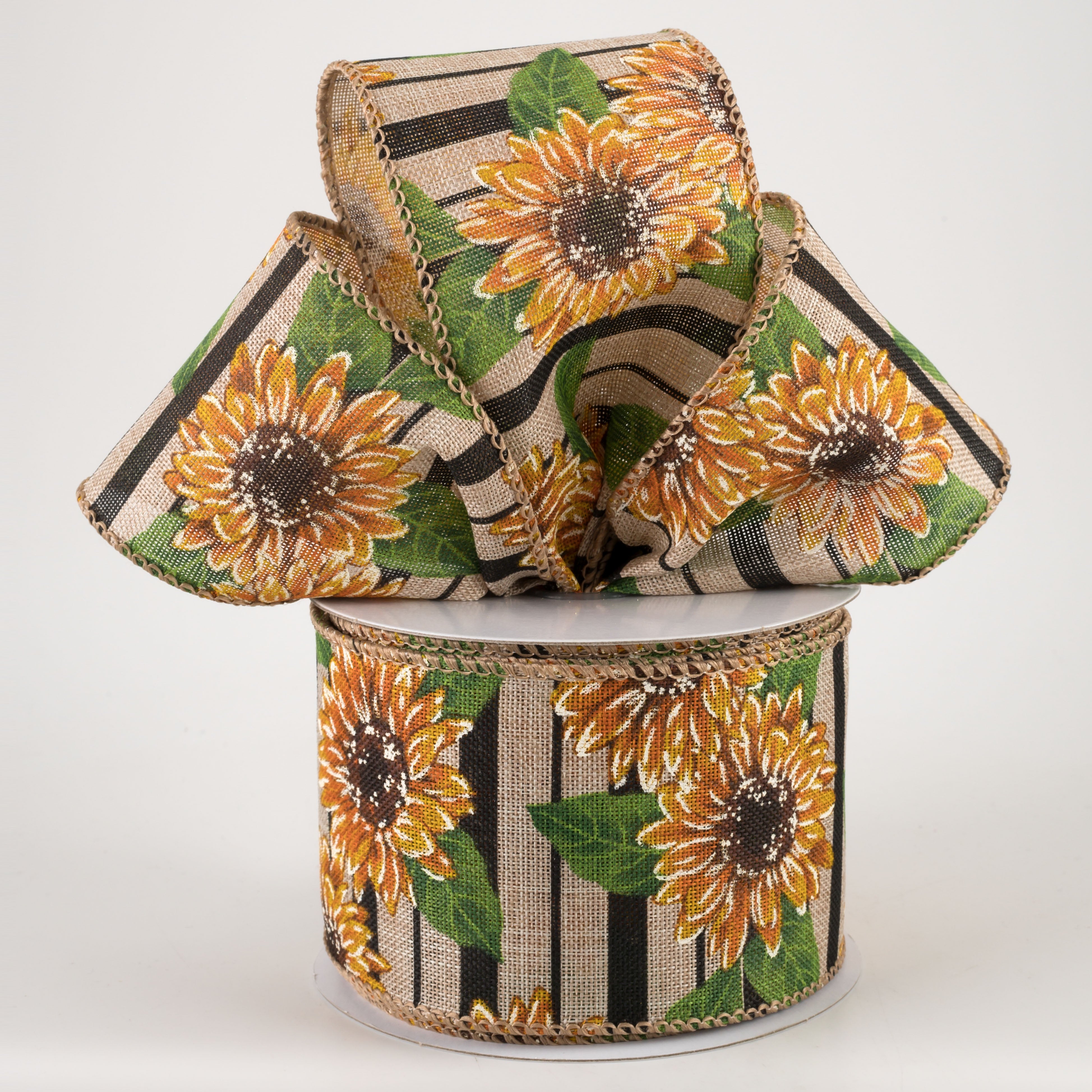 2.5" Sunflowers on Black Striped Linen Ribbon (10 Yards) Lifestyle Photo
