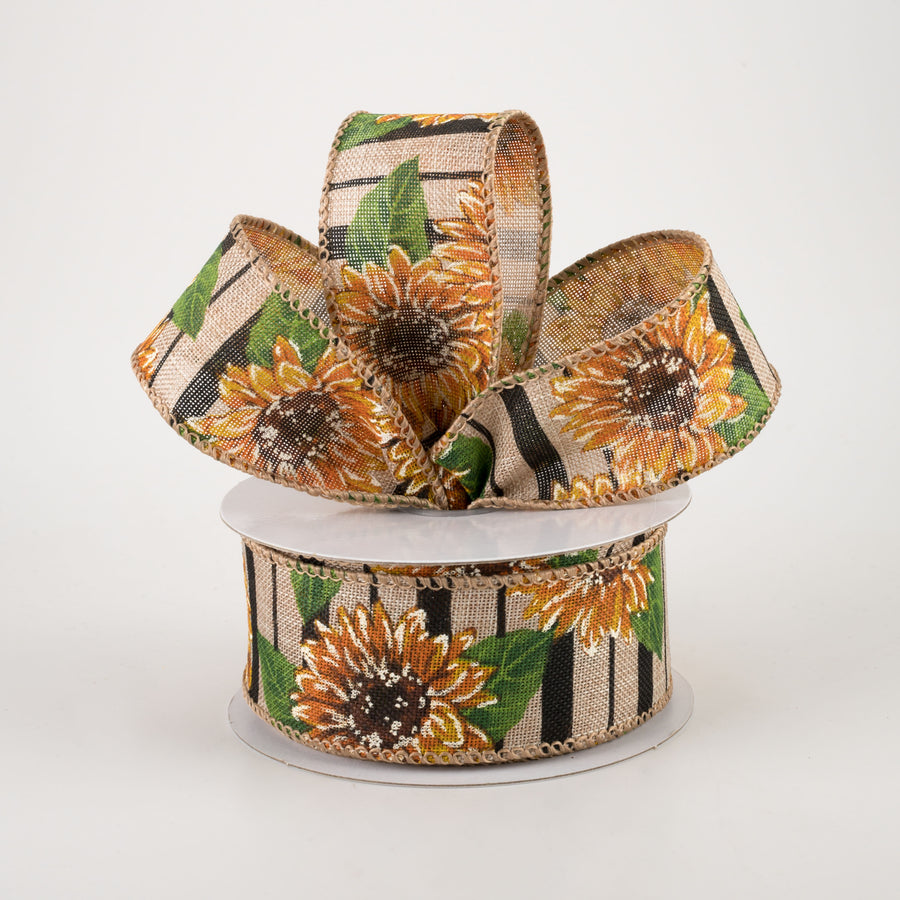 1.5" Sunflowers on Black Striped Linen Ribbon (10 Yards) Lifestyle Photo