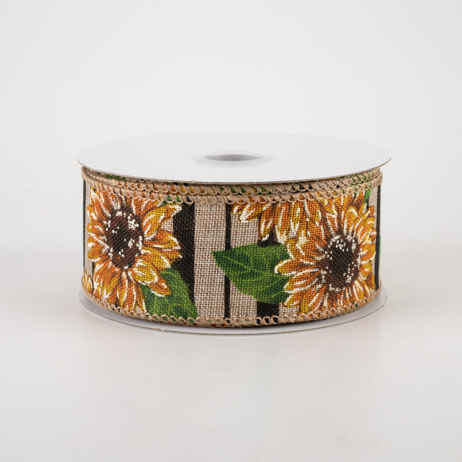 1.5" Sunflowers on Black Striped Linen Ribbon (10 Yards)