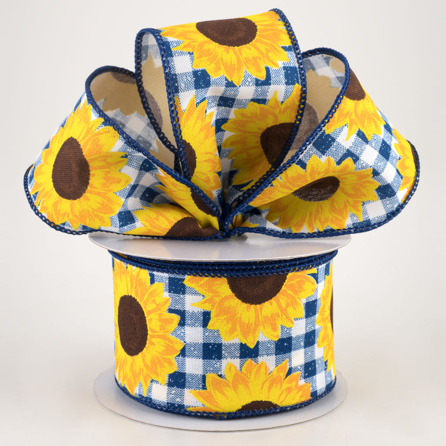 2.5" Sunflowers on Faux Burlap Check Ribbon: Blue & White (10 Yards) Lifestyle Photo
