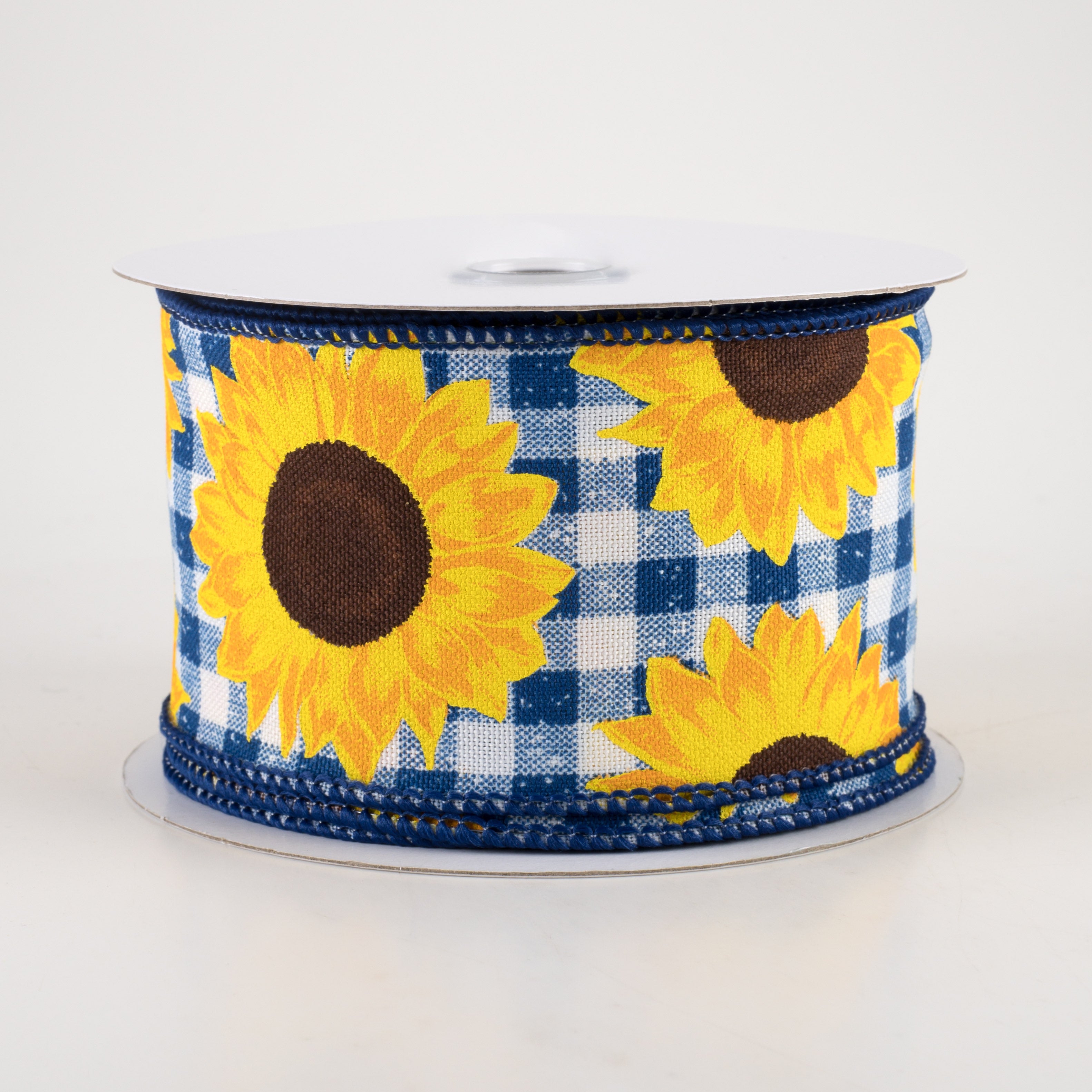 2.5" Sunflowers on Faux Burlap Check Ribbon: Blue & White (10 Yards)