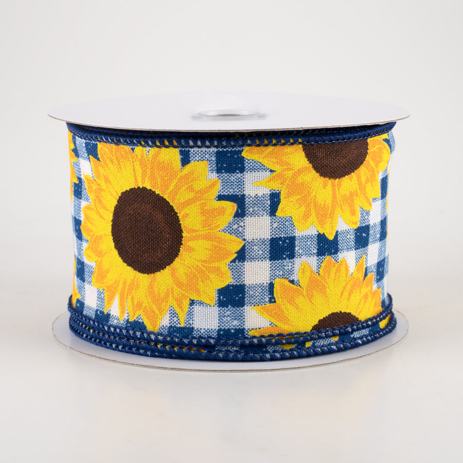 2.5" Sunflowers on Faux Burlap Check Ribbon: Blue & White (10 Yards)