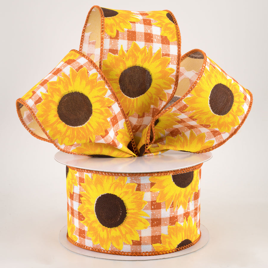 2.5" Sunflowers on Faux Burlap Check Ribbon: Rust & White (10 Yards) Lifestyle Photo