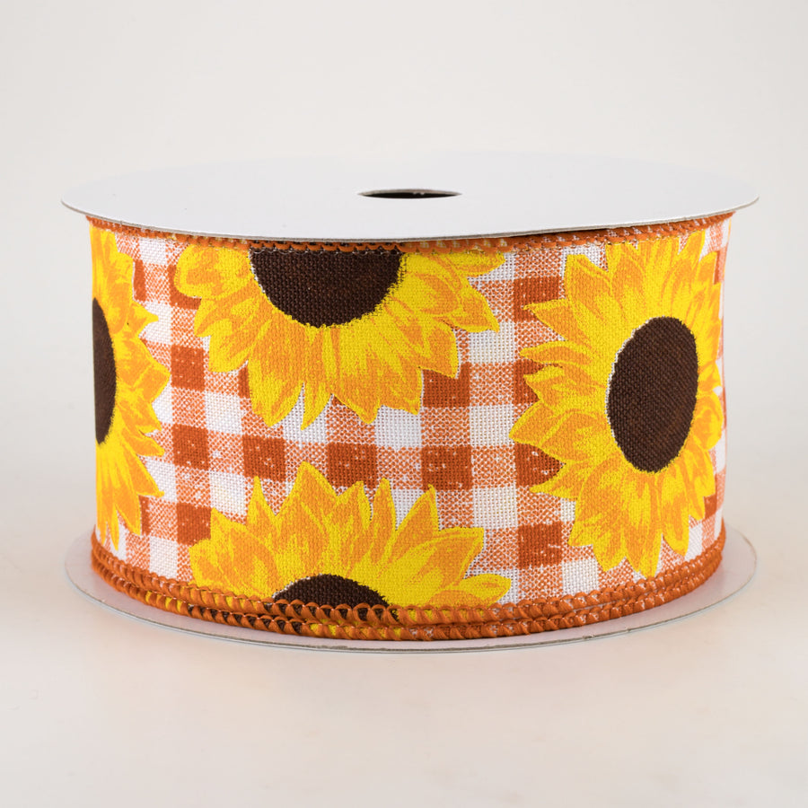 2.5" Sunflowers on Faux Burlap Check Ribbon: Rust & White (10 Yards)