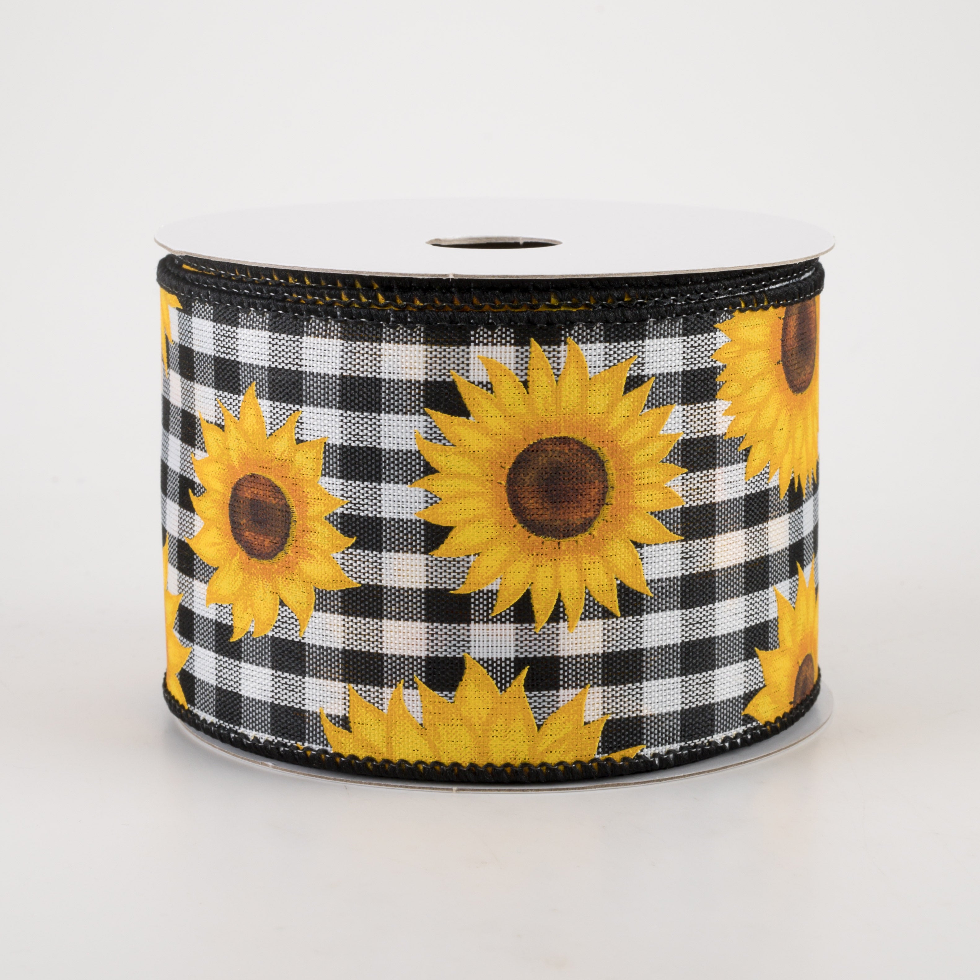 2.5" Sunflowers on Gingham Ribbon: Black & White (10 Yards)