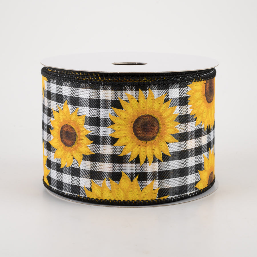 2.5" Sunflowers on Gingham Ribbon: Black & White (10 Yards)