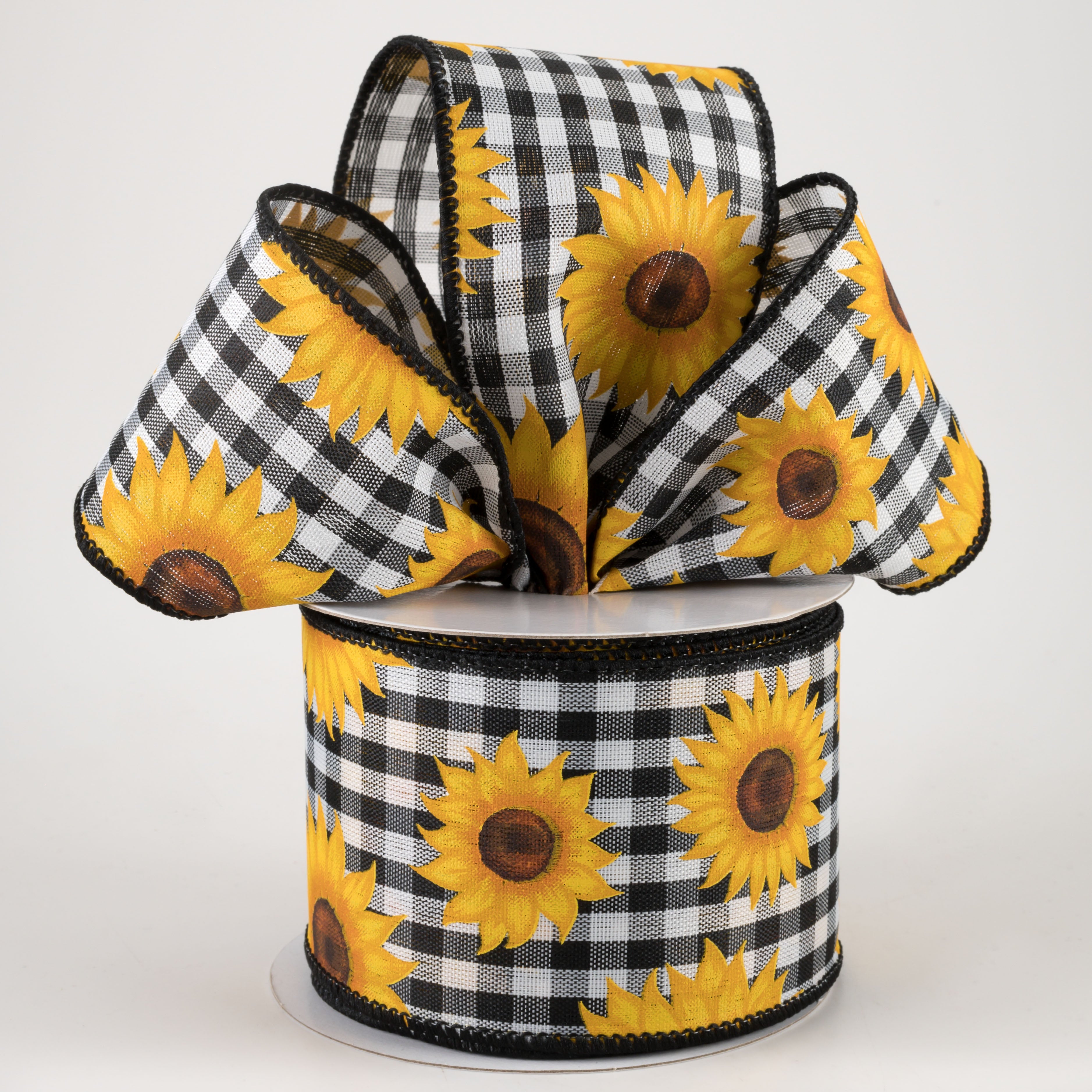2.5" Sunflowers on Gingham Ribbon: Black & White (10 Yards) Lifestyle Photo