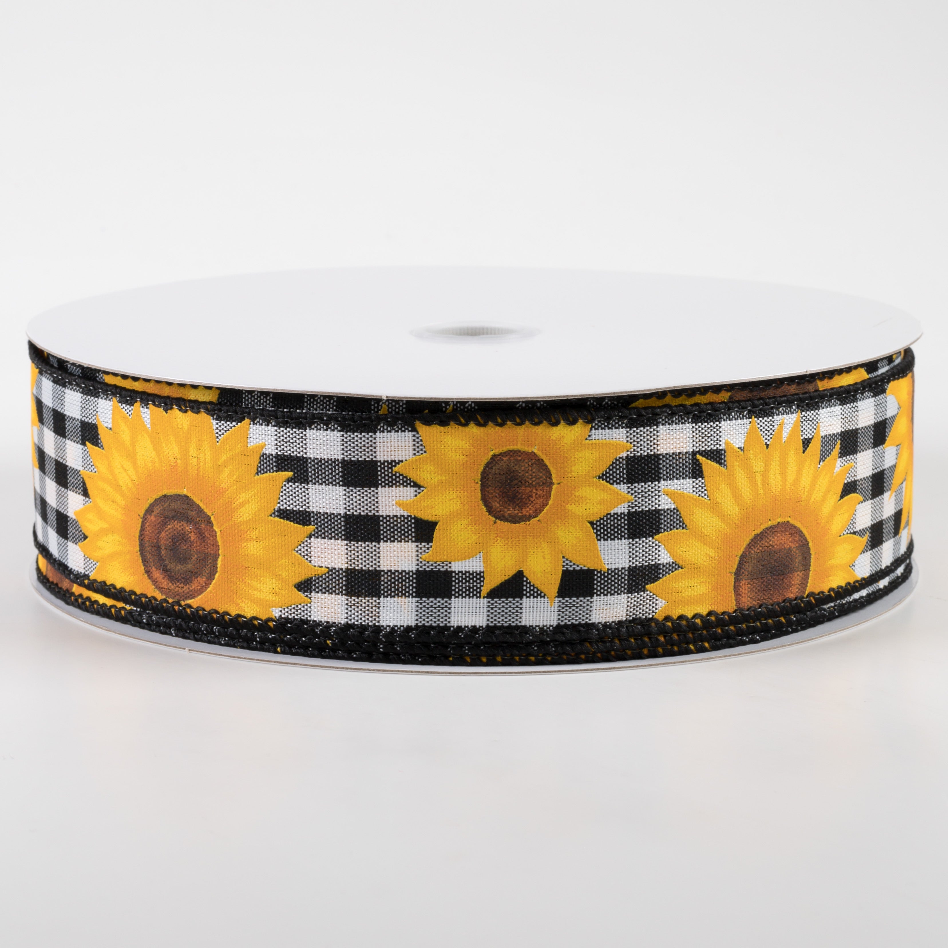 1.5" Sunflowers on Gingham Ribbon: Black & White (50 Yards)