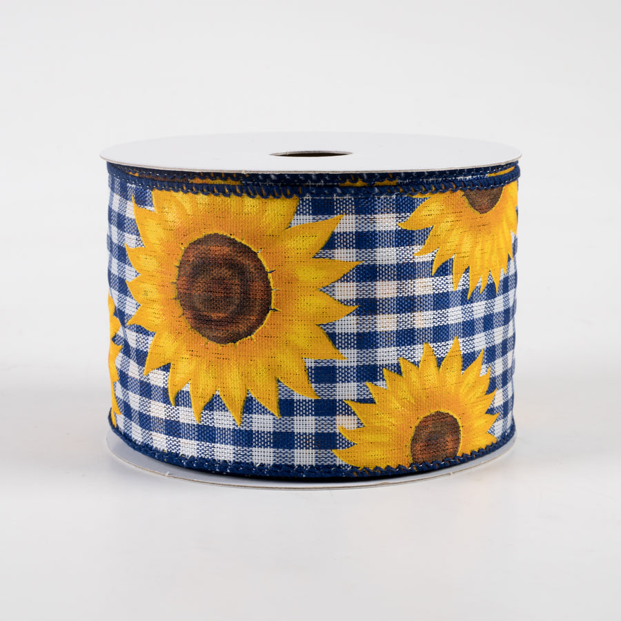 2.5" Sunflowers on Gingham Ribbon: Royal Blue & White (10 Yards)