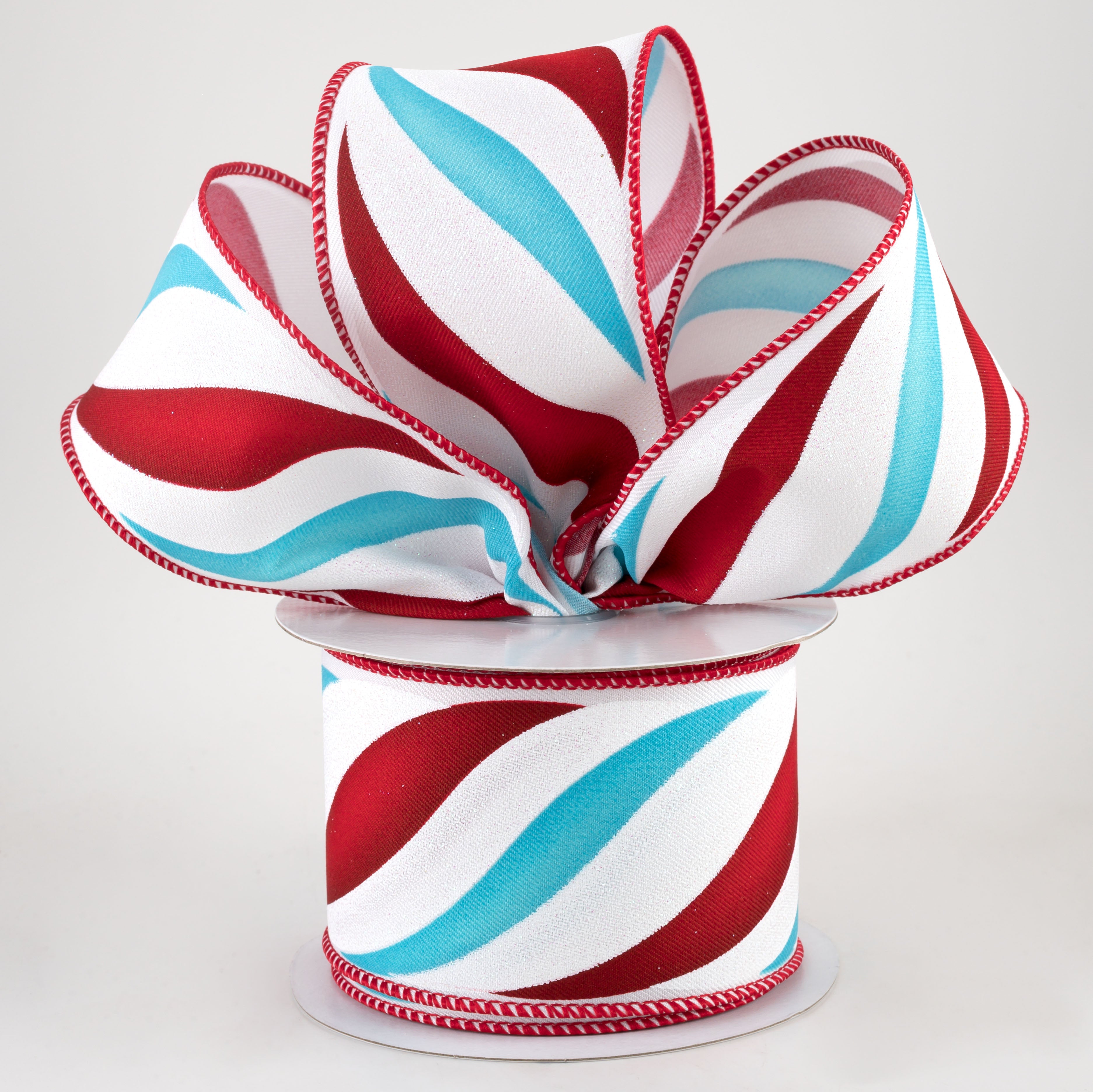 2.5" Swirl Candy Stripe Ribbon: Red & Turquoise (10 Yards) Lifestyle Photo
