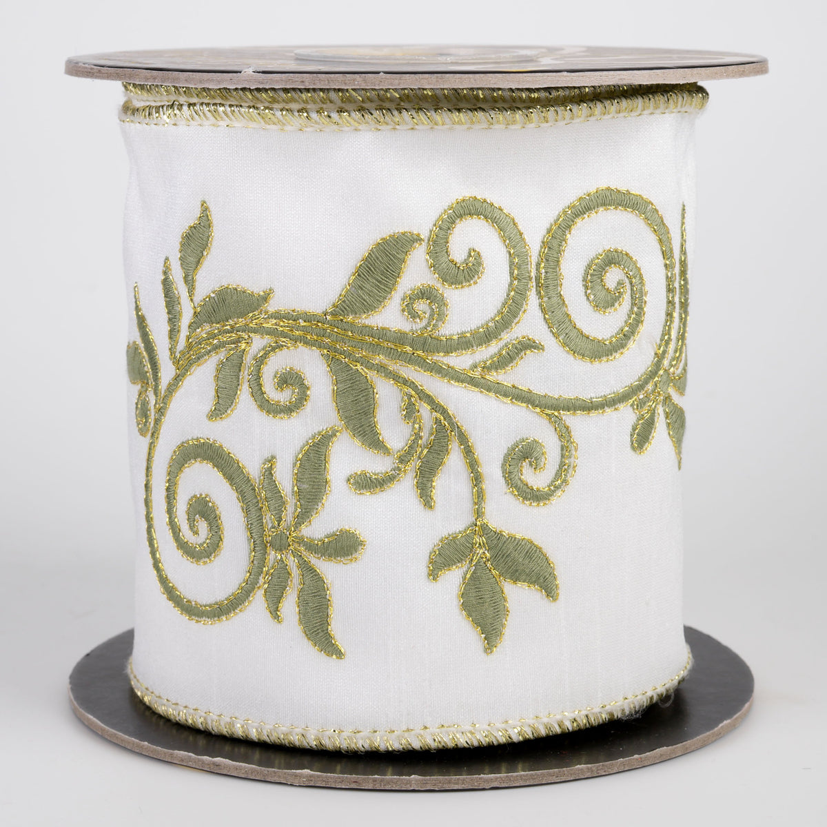 4" Swirl Leaf Embroidered Dupioni Ribbon with Fused Lining Back: White & Sage Green (5 Yards) Item Number: RR0033