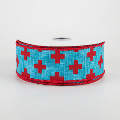 1.5" Swiss Cross Ribbon: Turquoise & Red (10 Yards)