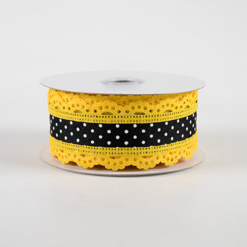 1.5" Swiss Dot Lace Edge Ribbon: Black & Yellow (10 Yards)
