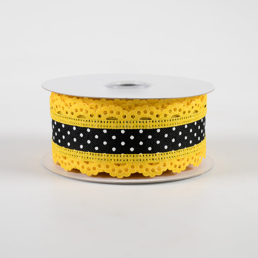1.5" Swiss Dot Lace Edge Ribbon: Black & Yellow (10 Yards)
