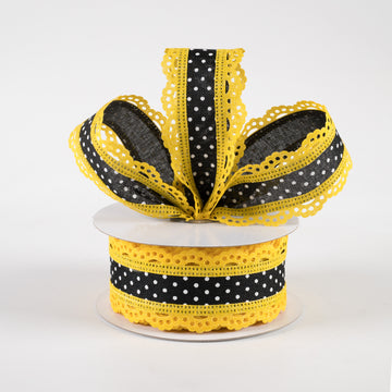 1.5" Swiss Dot Lace Edge Ribbon: Black & Yellow (10 Yards)