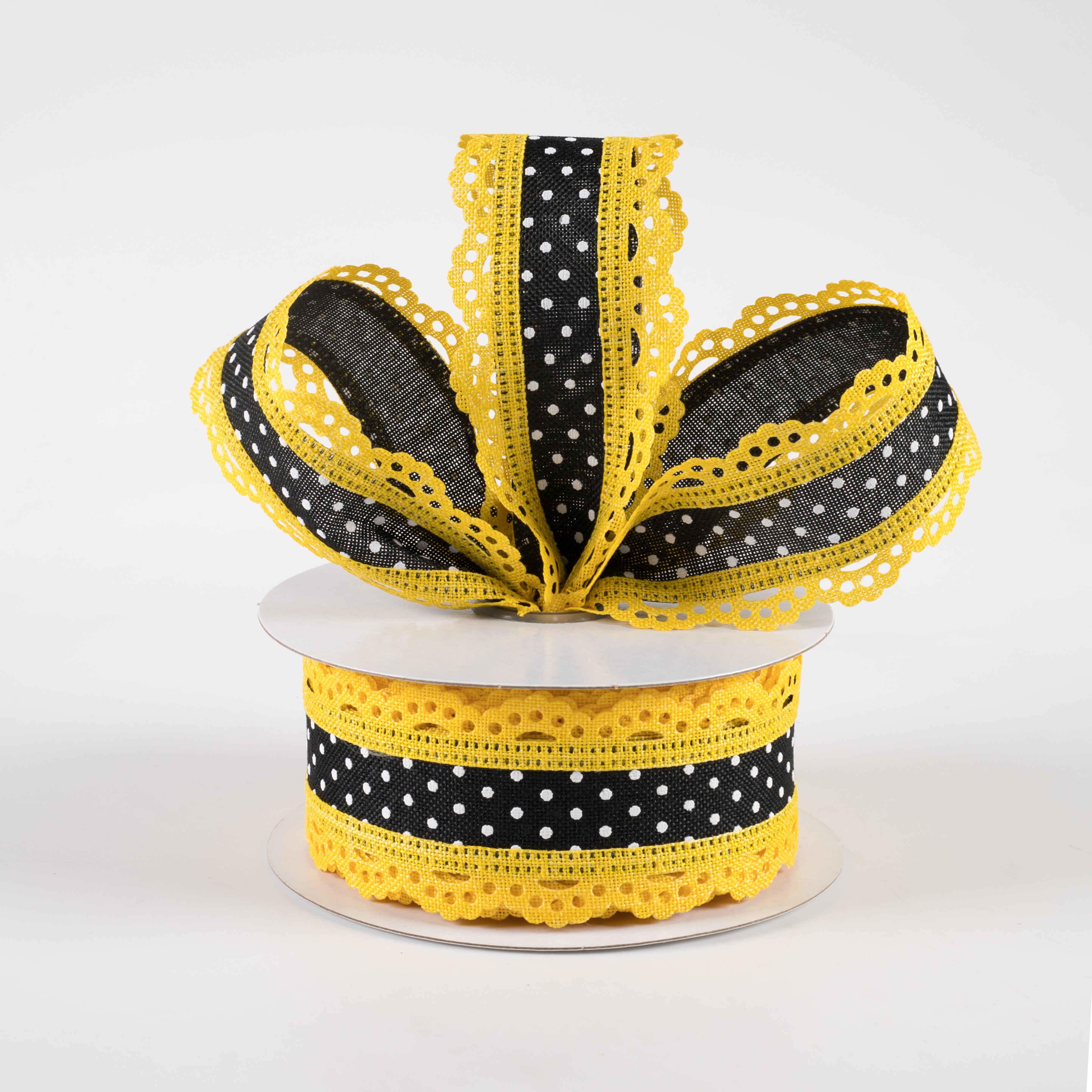 1.5" Swiss Dot Lace Edge Ribbon: Black & Yellow (10 Yards) Lifestyle Photo