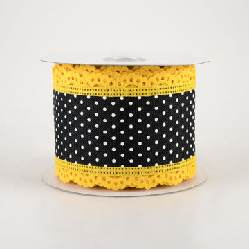 1.5" Swiss Dot Lace Edge Ribbon: Black & Yellow (10 Yards)