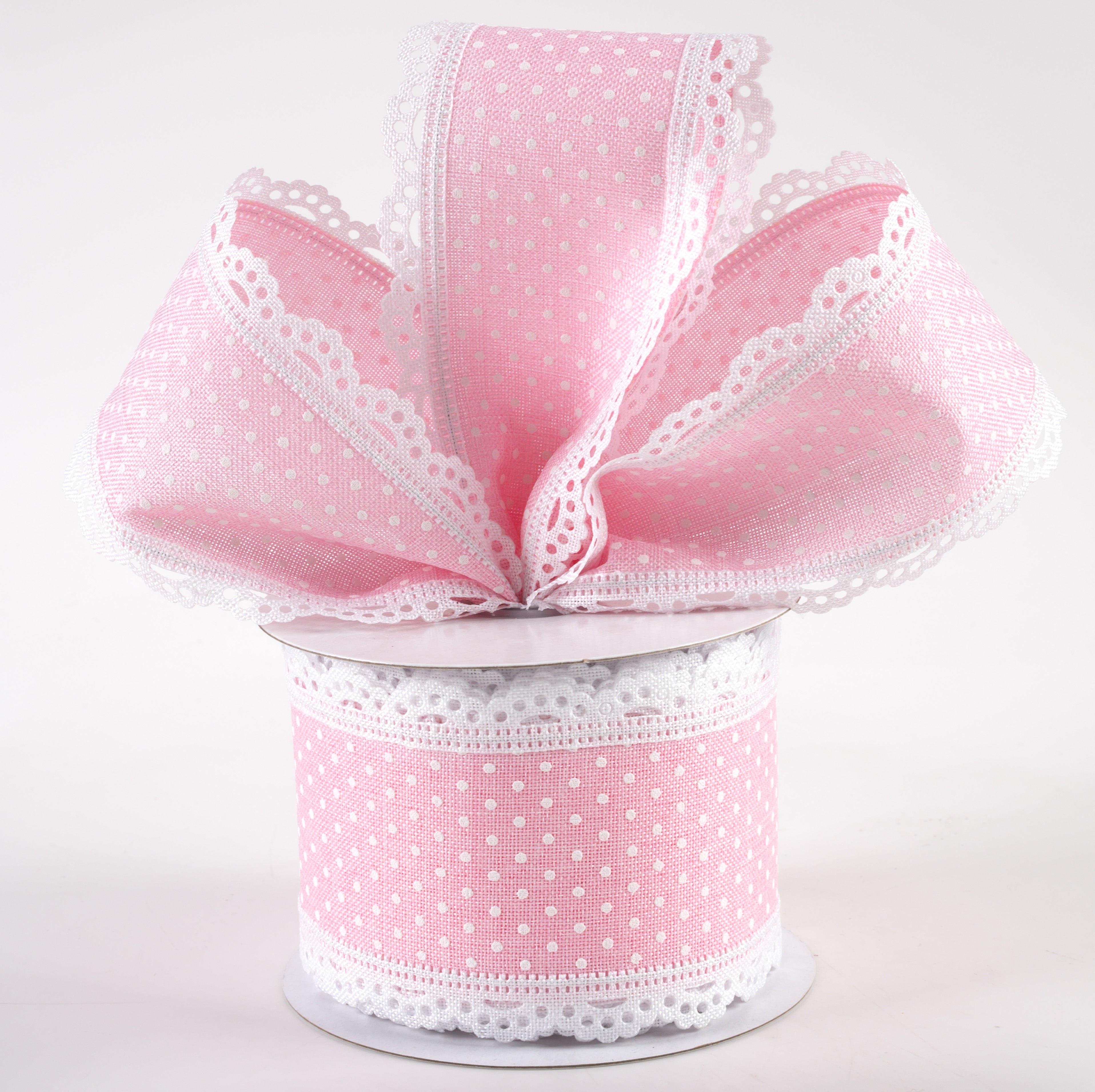 2.5" Swiss Dot Lace Edge Ribbon: Light Pink & White (10 Yards) Lifestyle Photo
