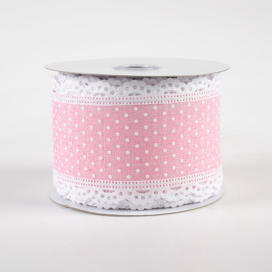 2.5" Swiss Dot Lace Edge Ribbon: Light Pink & White (10 Yards)