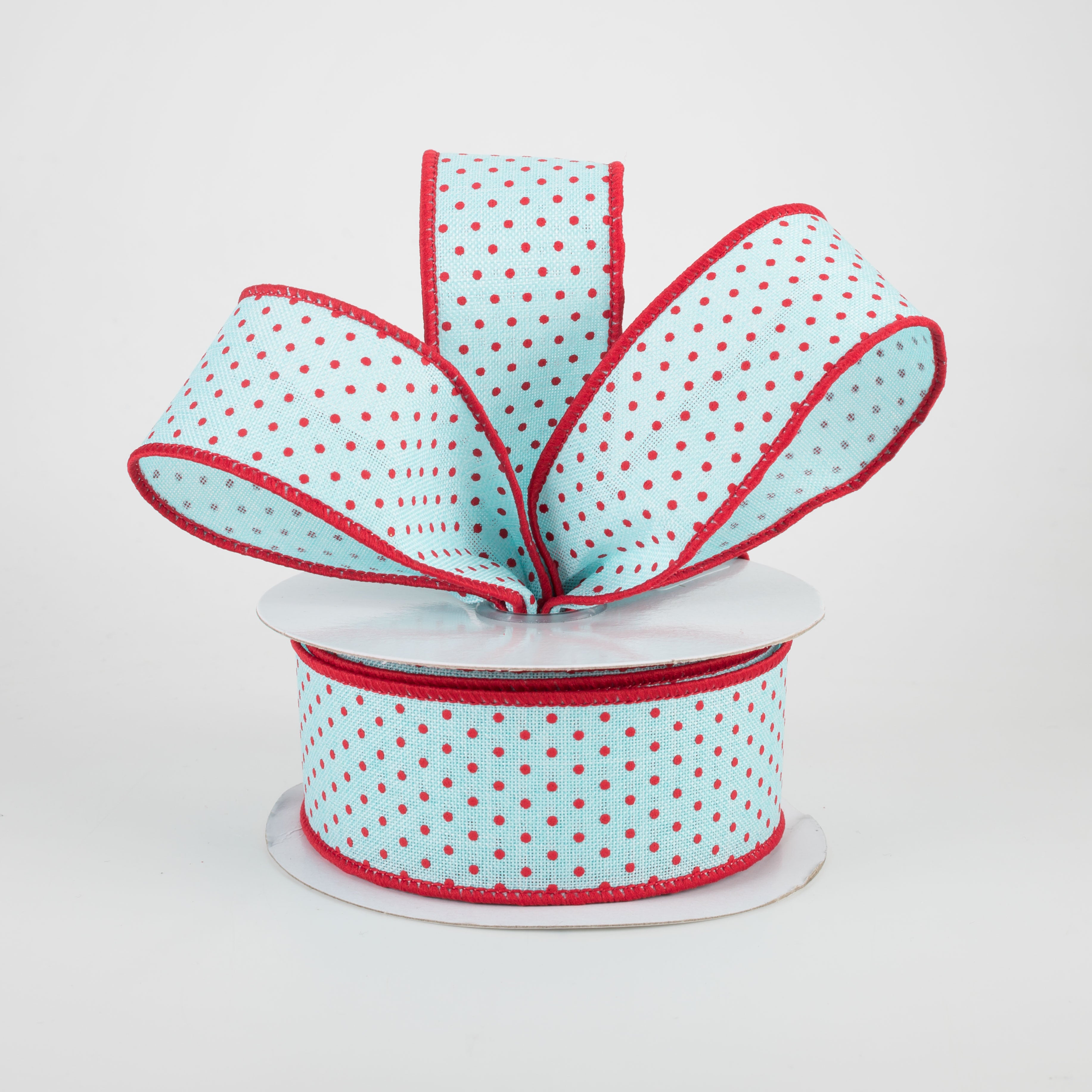1.5" Swiss Dots Ribbon: Ice Blue & Red (10 Yards) Lifestyle Photo