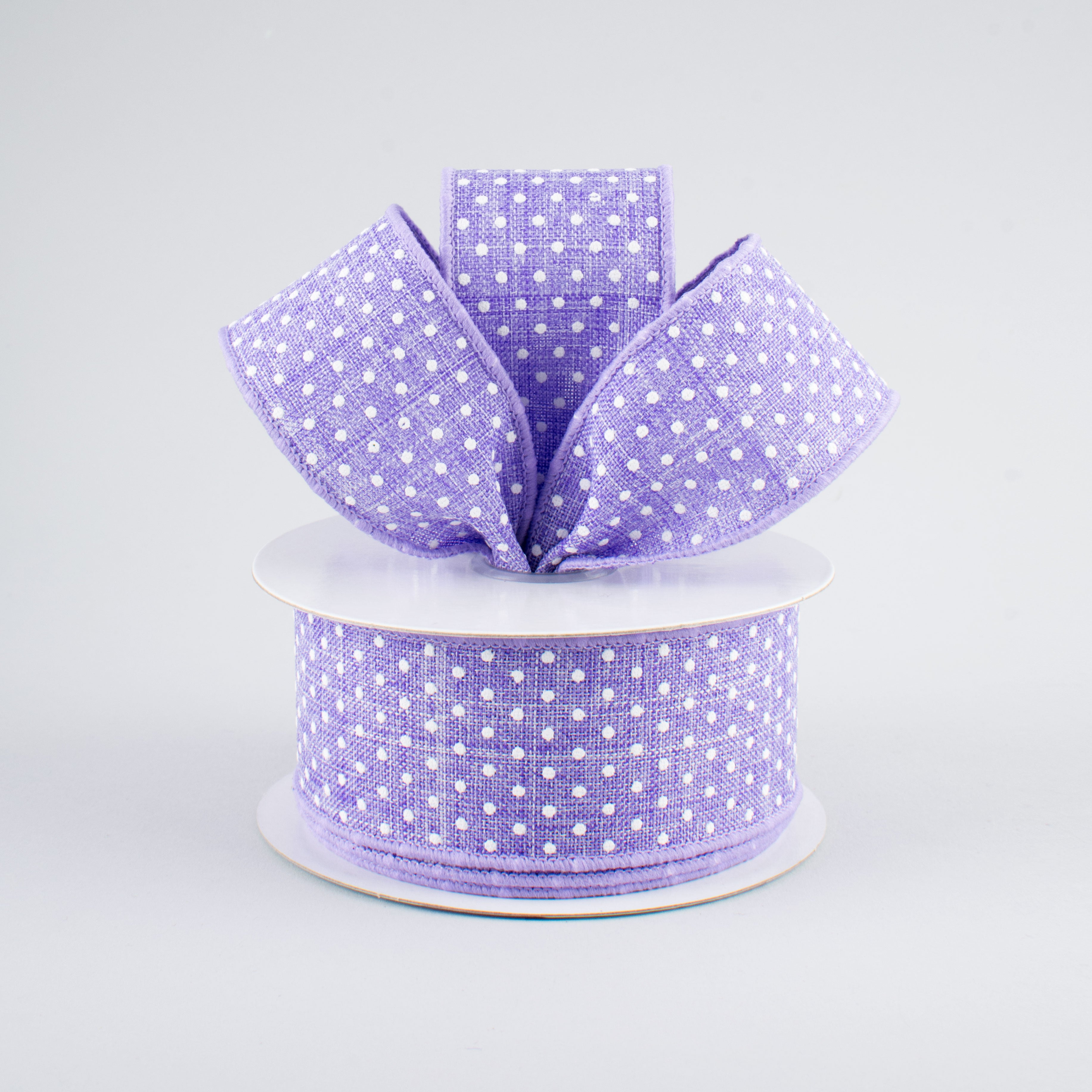 1.5" Swiss Dots Ribbon: Lavender & White (10 Yards) Lifestyle Photo