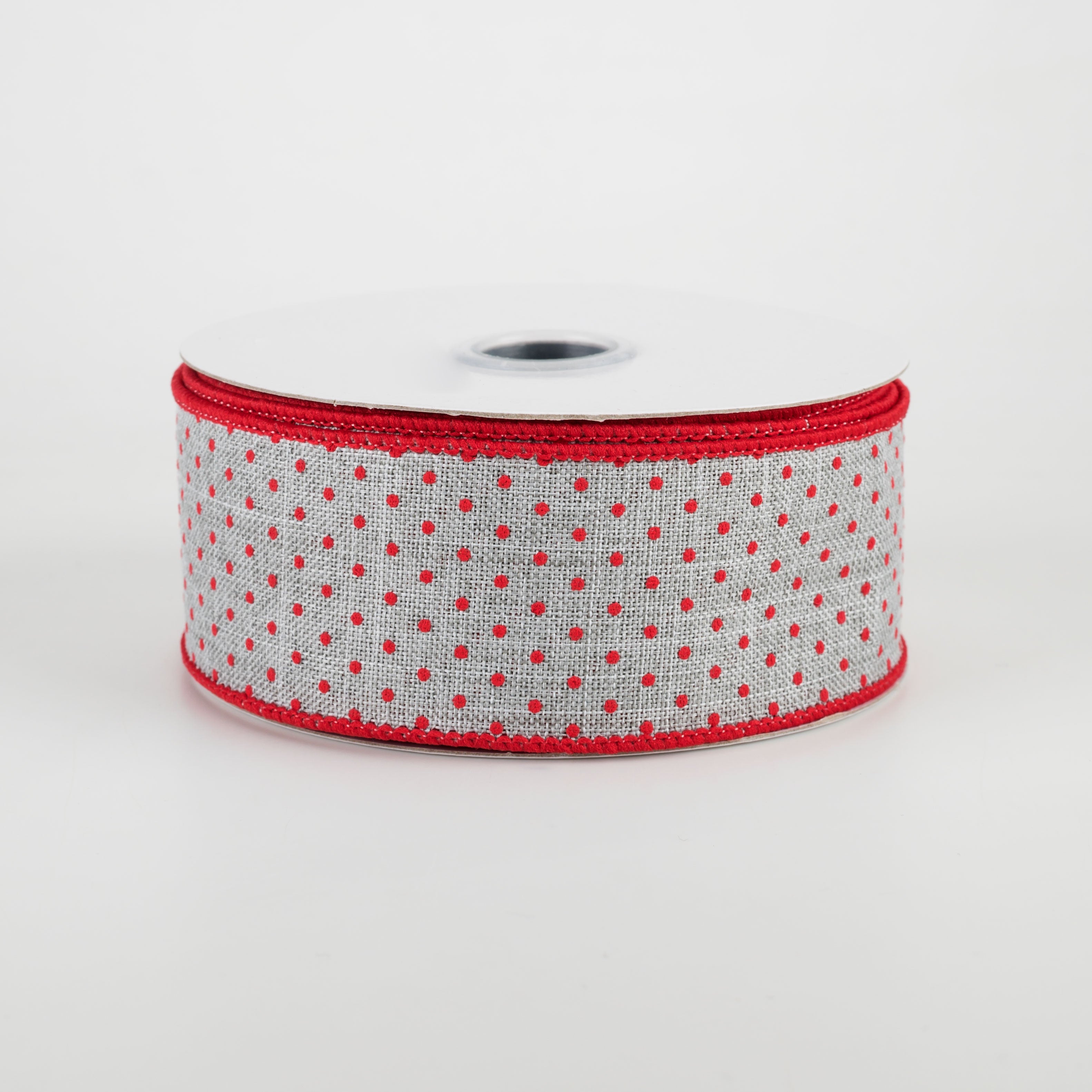 1.5" Swiss Dots Ribbon: Light Grey & Red (10 Yards)