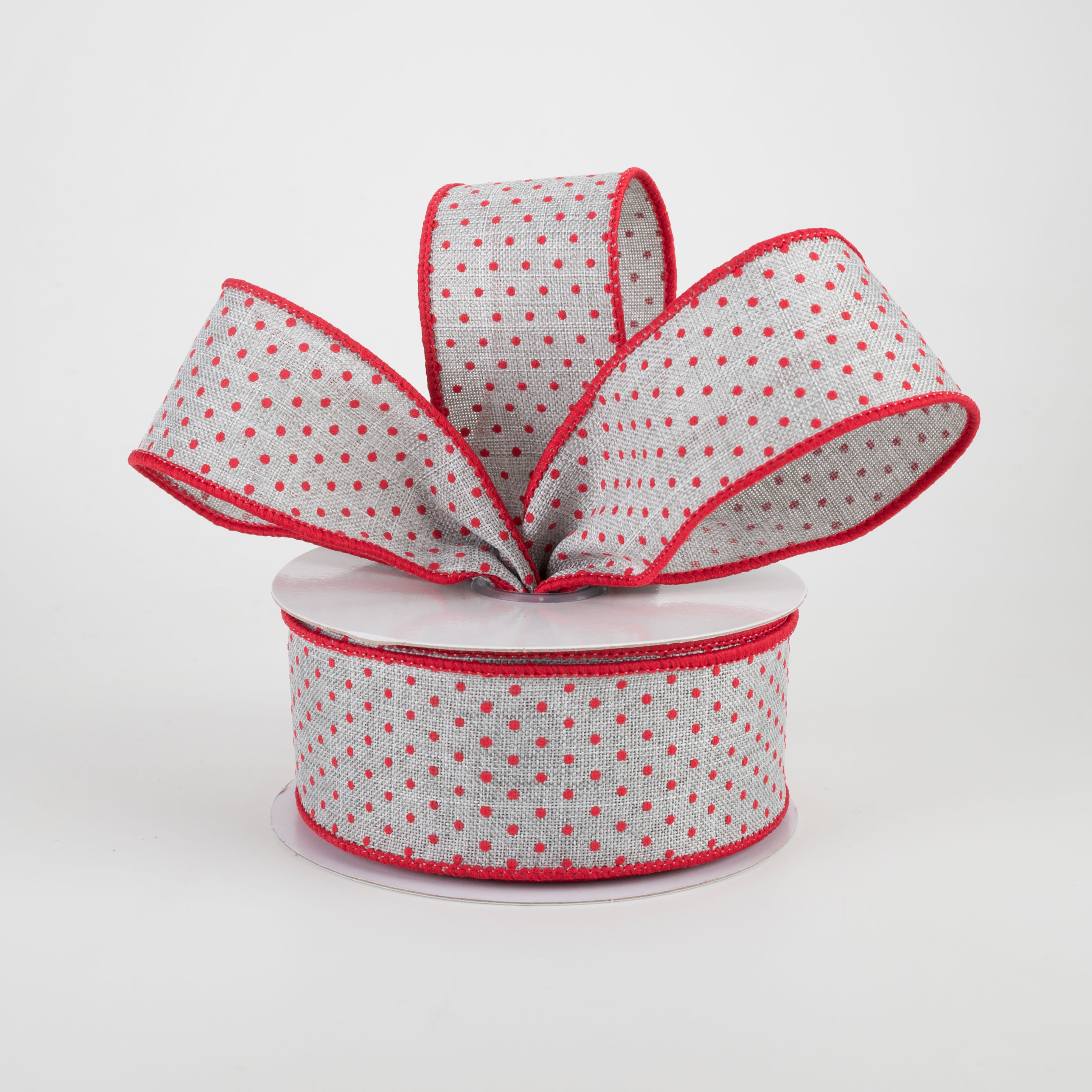 1.5" Swiss Dots Ribbon: Light Grey & Red (10 Yards) Lifestyle Photo