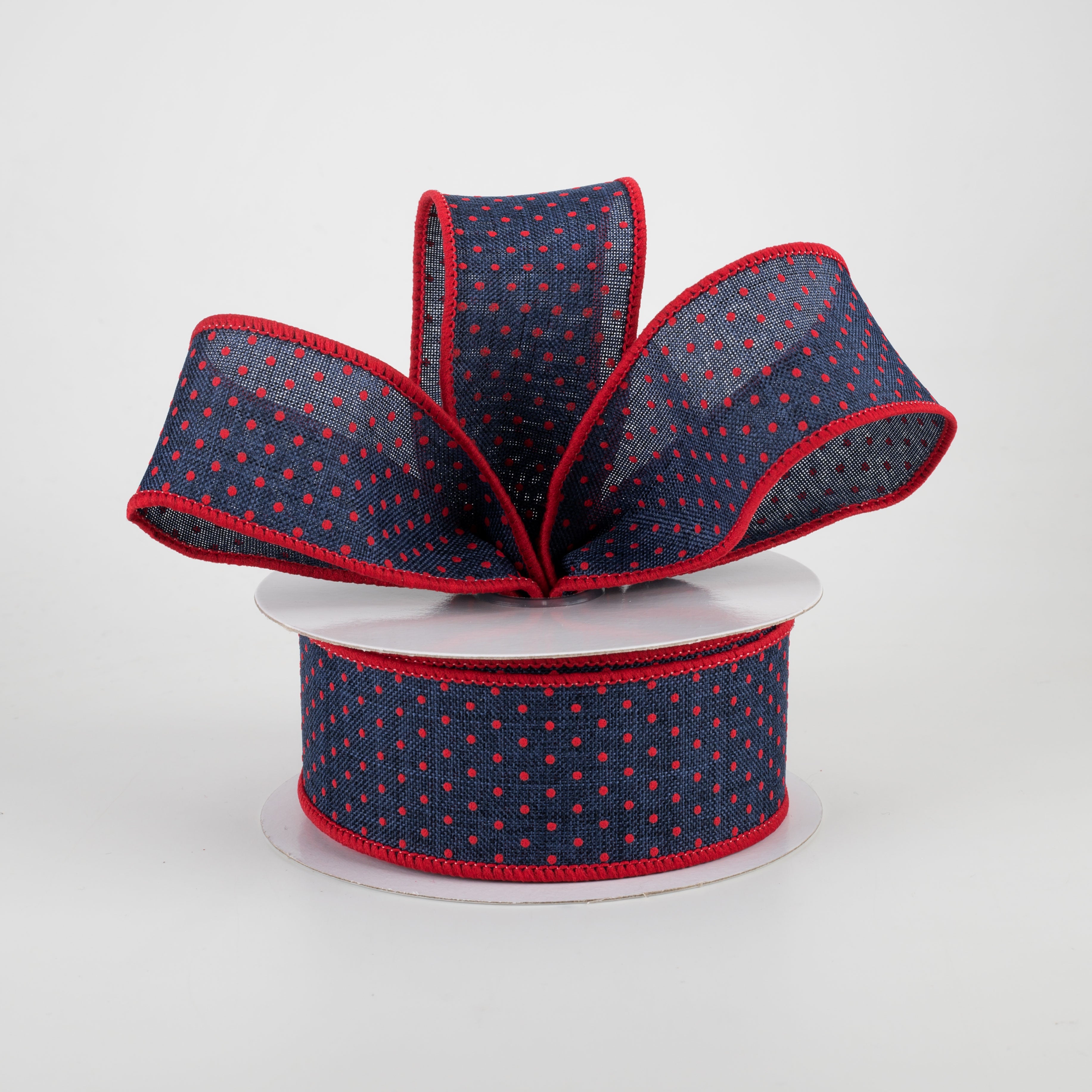 1.5" Swiss Dots Ribbon: Navy Blue & Red (10 Yards) Lifestyle Photo