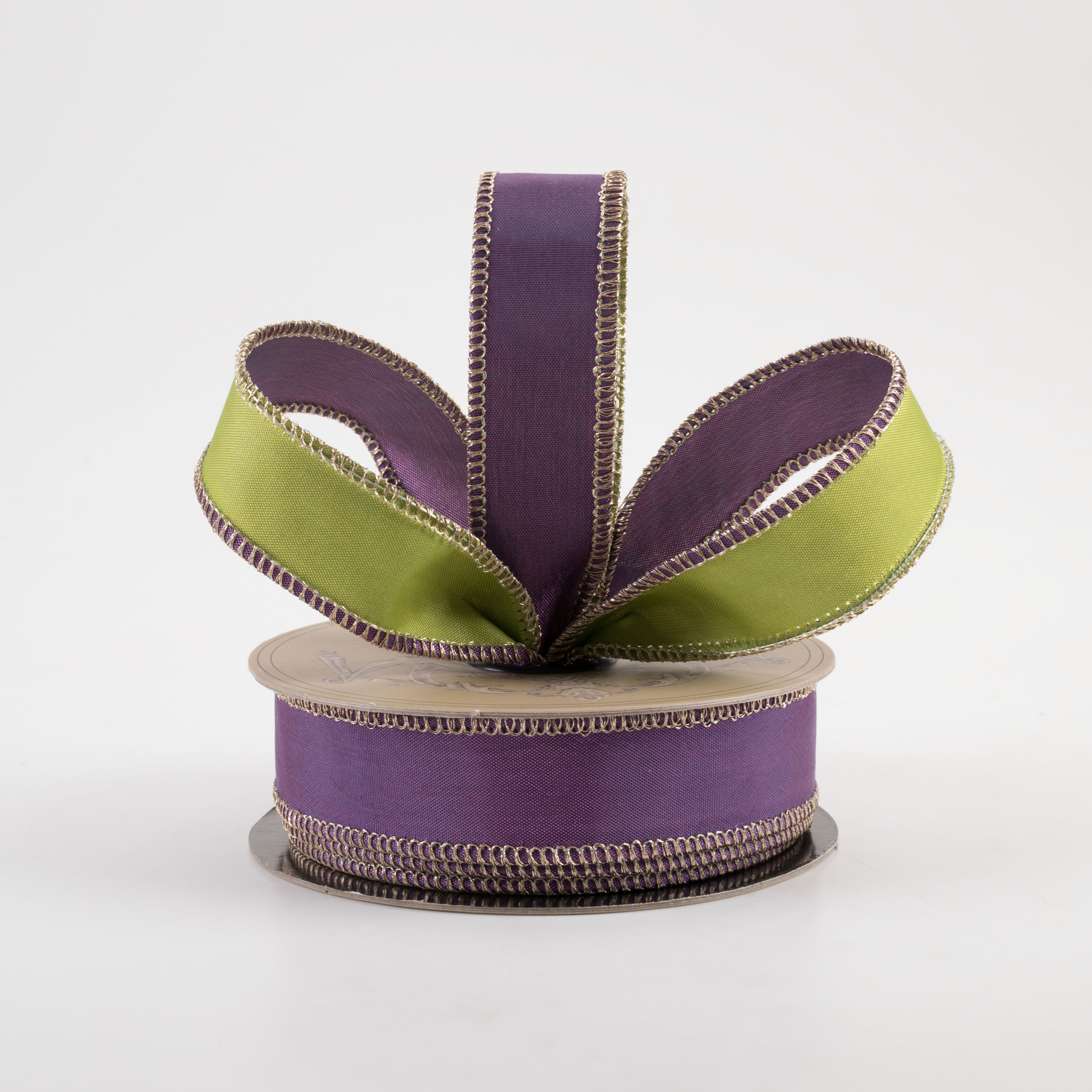 [D Stevens] 1" Taffeta Double Sided Ribbon: Apple Green & Purple (10 Yards) Lifestyle Photo