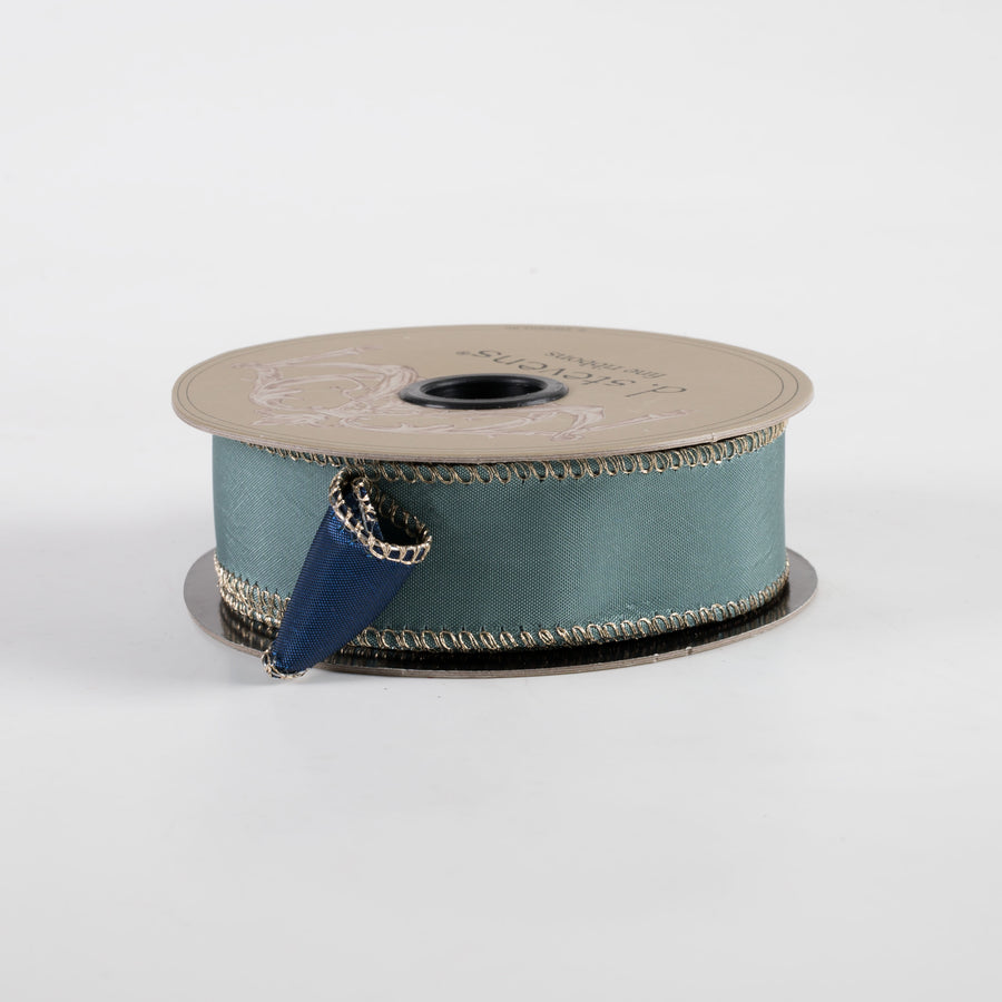 [D Stevens] 1" Taffeta Double Sided Ribbon: Celadon & Navy (10 Yards)