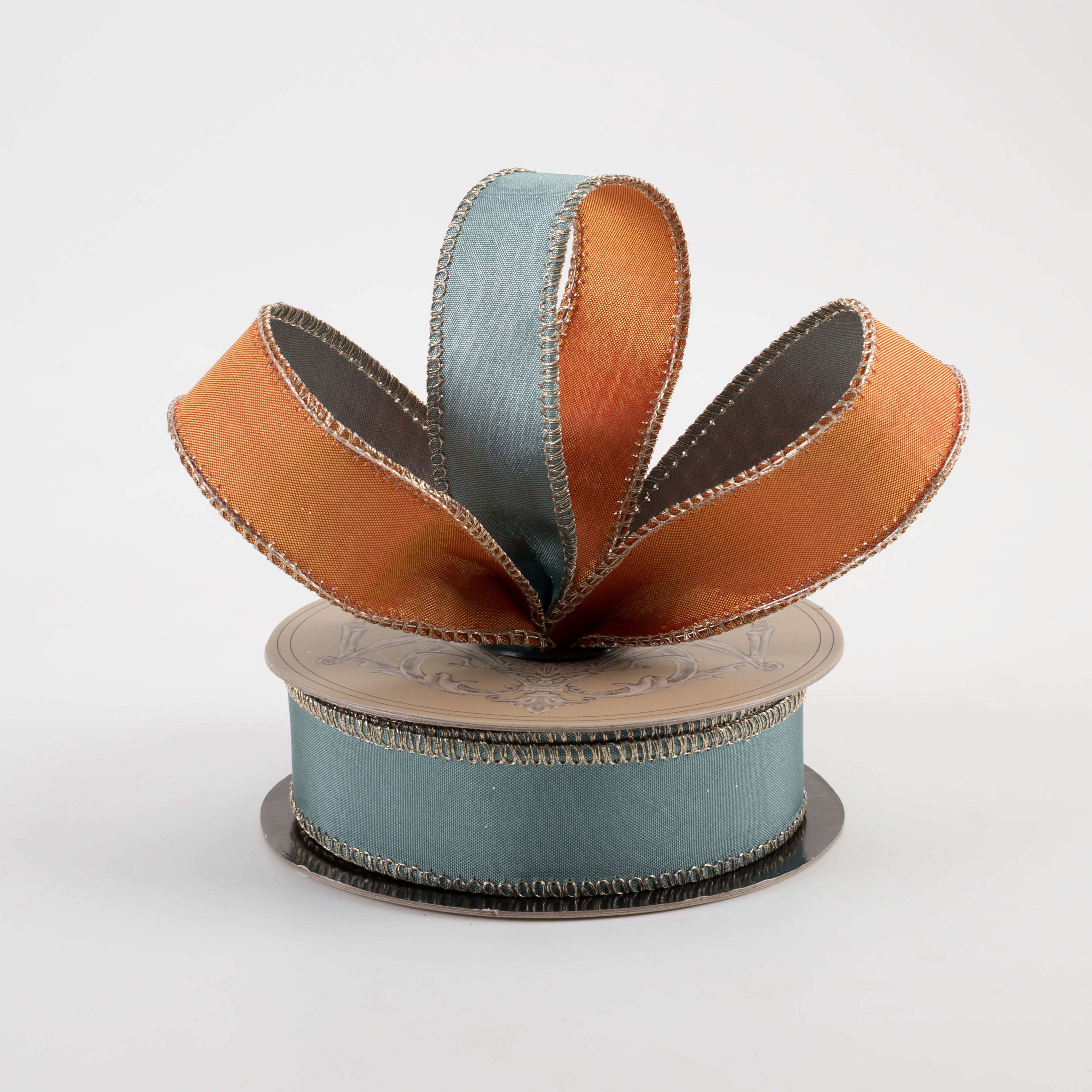 [D Stevens] 1" Taffeta Double Sided Ribbon: Orange & Celadon (10 Yards) Lifestyle Photo